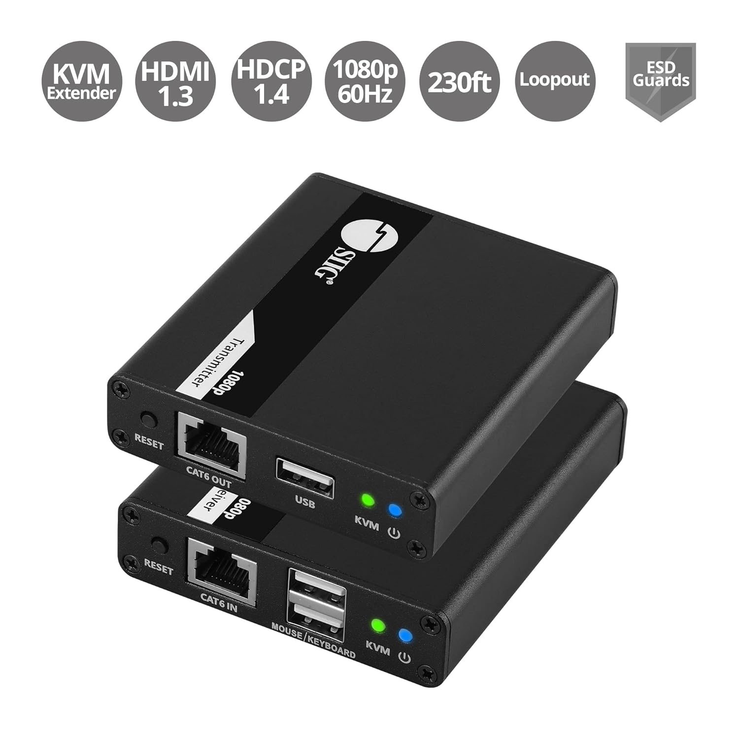 SIIG HDMI KVM Extender Over CAT6/ 6e/ 7 Cable up to 230ft, 1080p 60Hz HD with HDMI Loop Out, 2-Port USB for Keyboard/Mouse, Audio Extractor, Near Zero Latency, Transmitter & Receiver (CE-H27411-S1)
