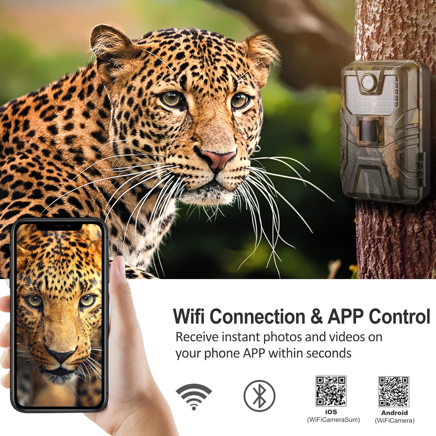 Nasitos Wifi Trail Camera with APP Control,30 MP 4K Game Camera Bluetooth Wireless Trail cam for Hunting,65FT Night Vision 0.2S Motion Activated Camera with Low Glow IR LEDs,120° Wide Angle 2