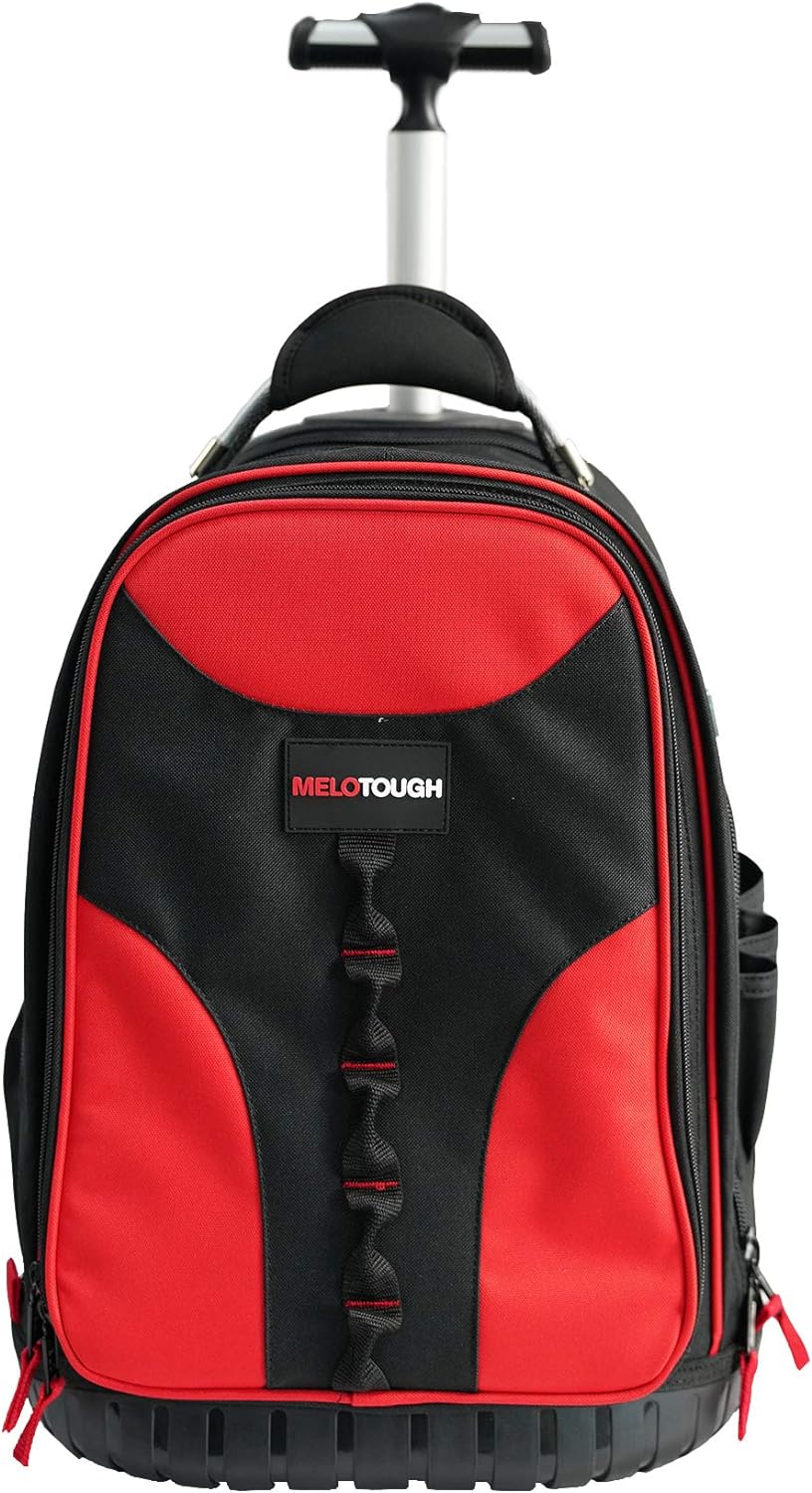 MELOTOUGH Wheeled Rolling Tool Backpack Heavy Duty Tradesman Pro Tool Organizer Including Laptop Sleeve (Red&Black)