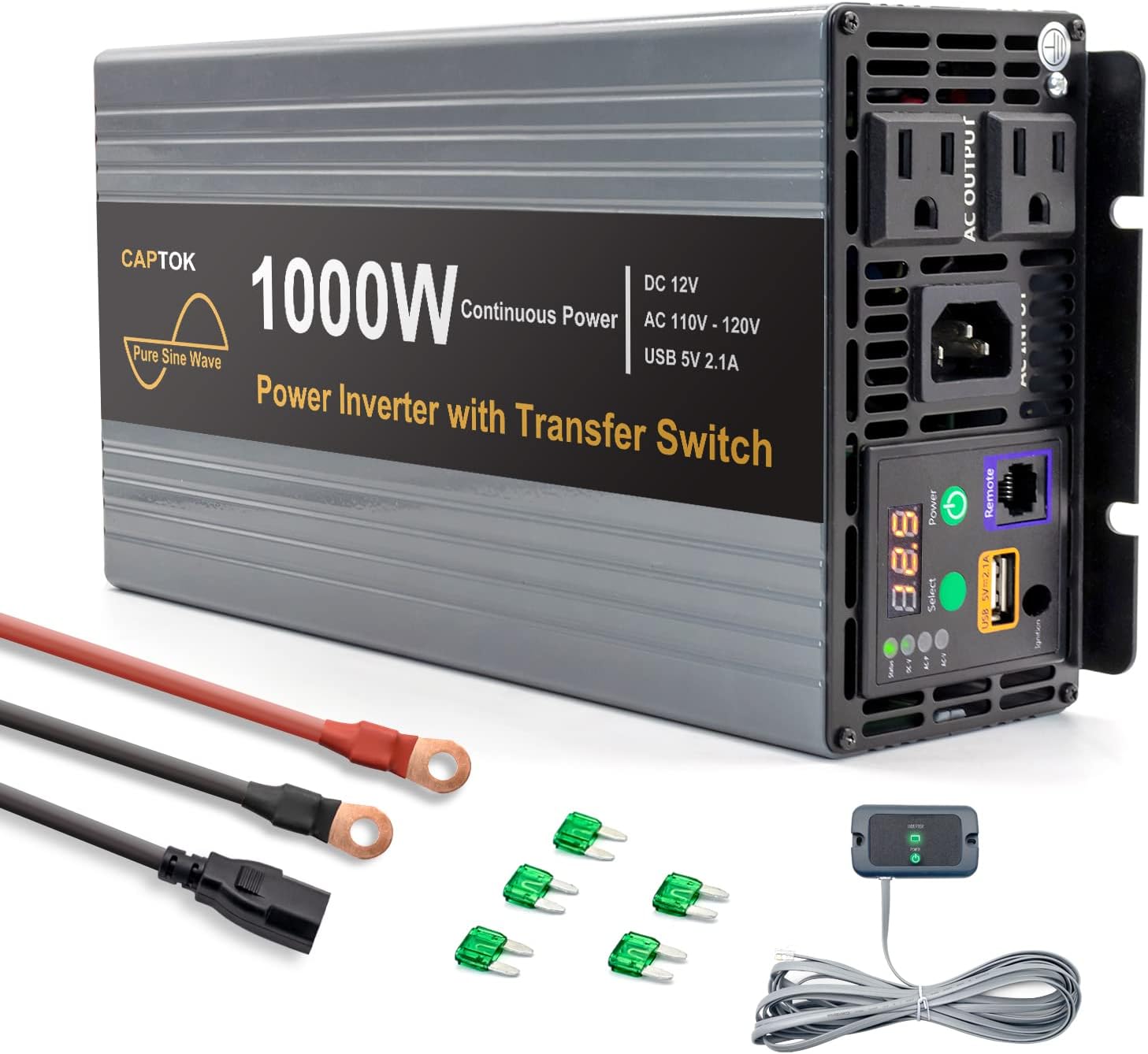 CAPTOK Pure Sine Wave Power Inverter 1000W, with Automatic Transfer Switch DC 12V to AC 110V 120V Dual AC Outlets LED Display 2.1A USB Remote Control Voltage Transformer Power Converter Solar Inverter