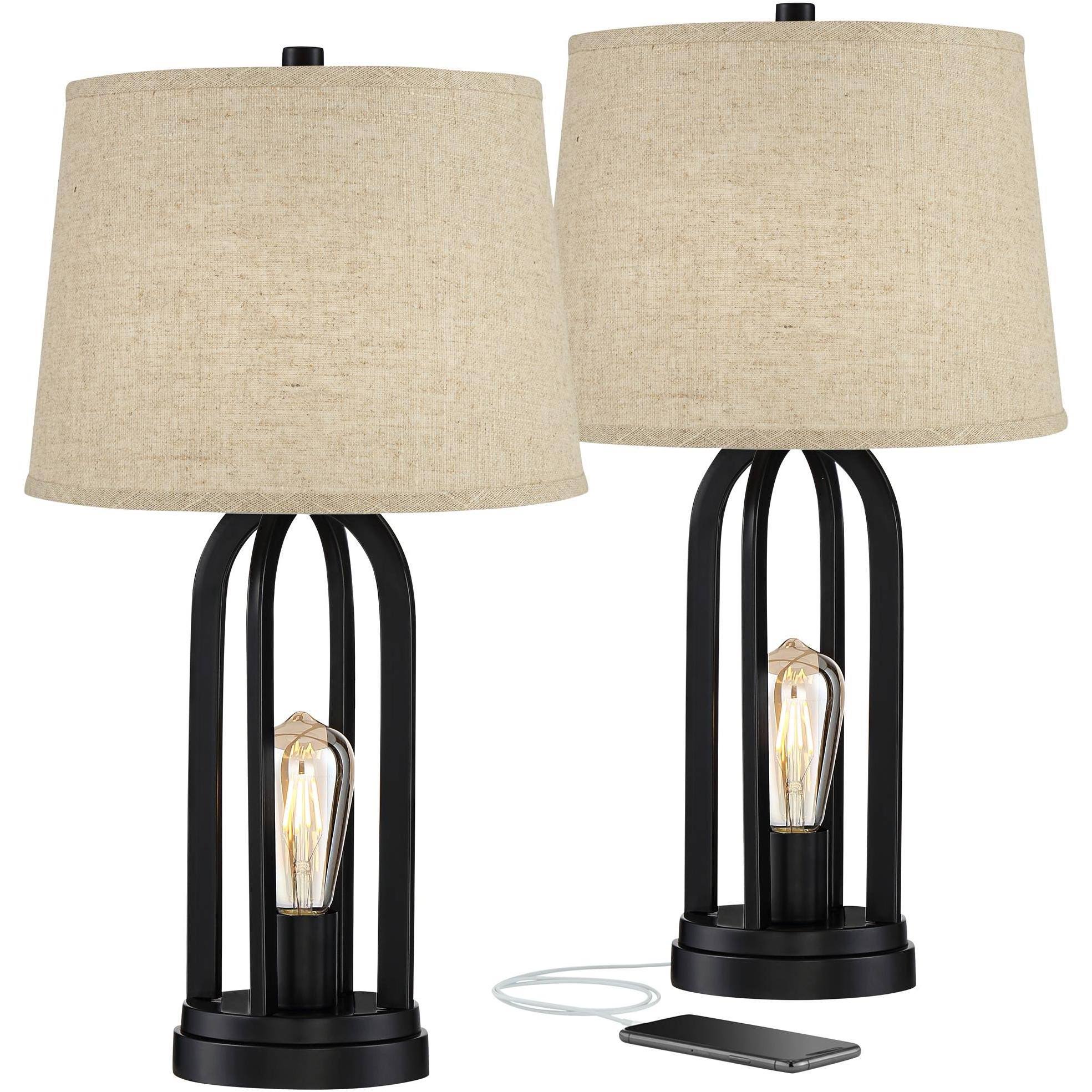 360 Lighting Industrial Table Lamps Set of 2 with USB Charging Port and Nightlight LED Black Burlap Shade for Living Room Bedroo