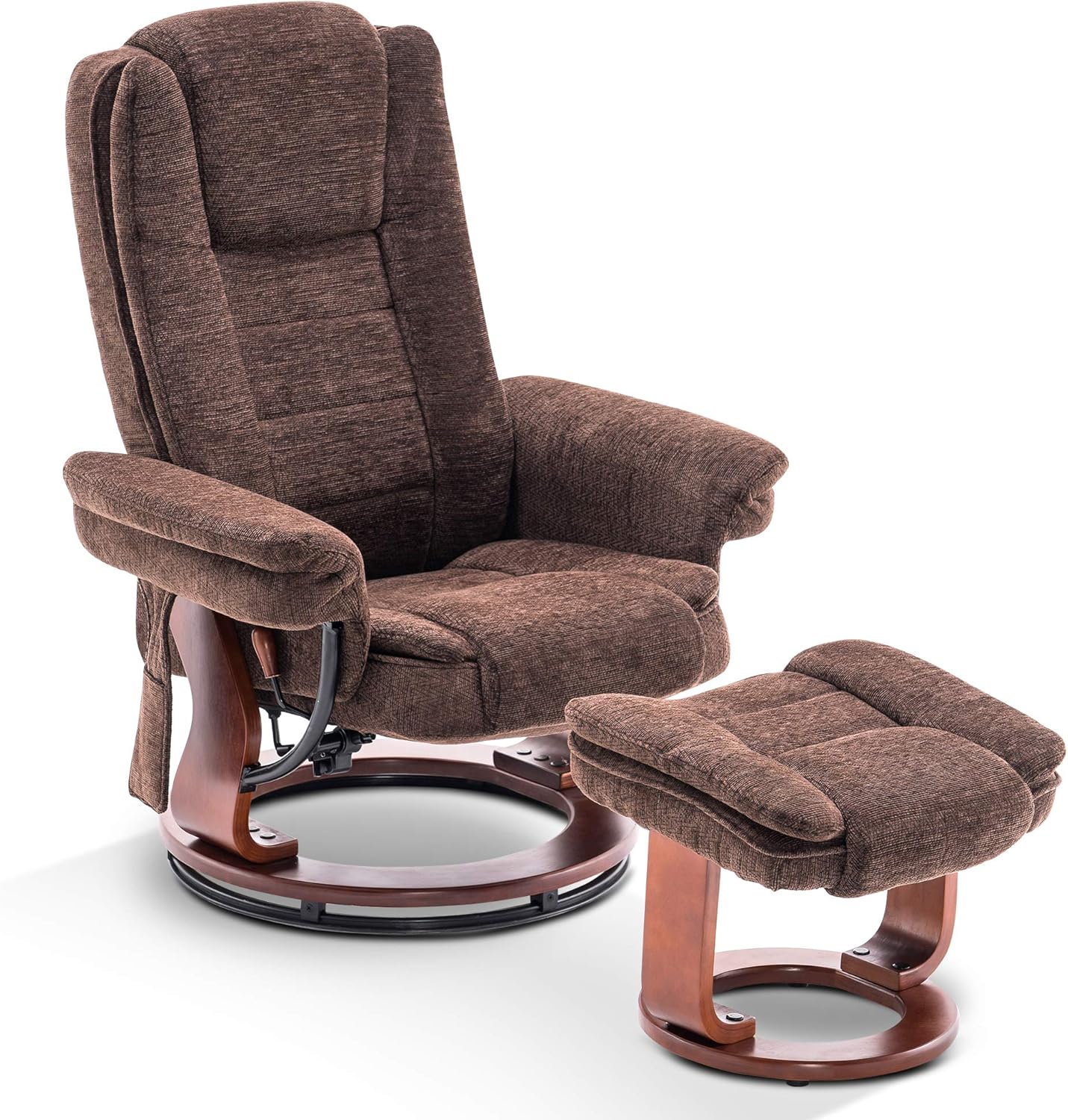 Mcombo Recliner Chair with Ottoman, Fabric Accent Chair with Vibration Massage, Swivel Chair with Wood Base, for Living Reading Room Bedroom, 9099 (Brown)