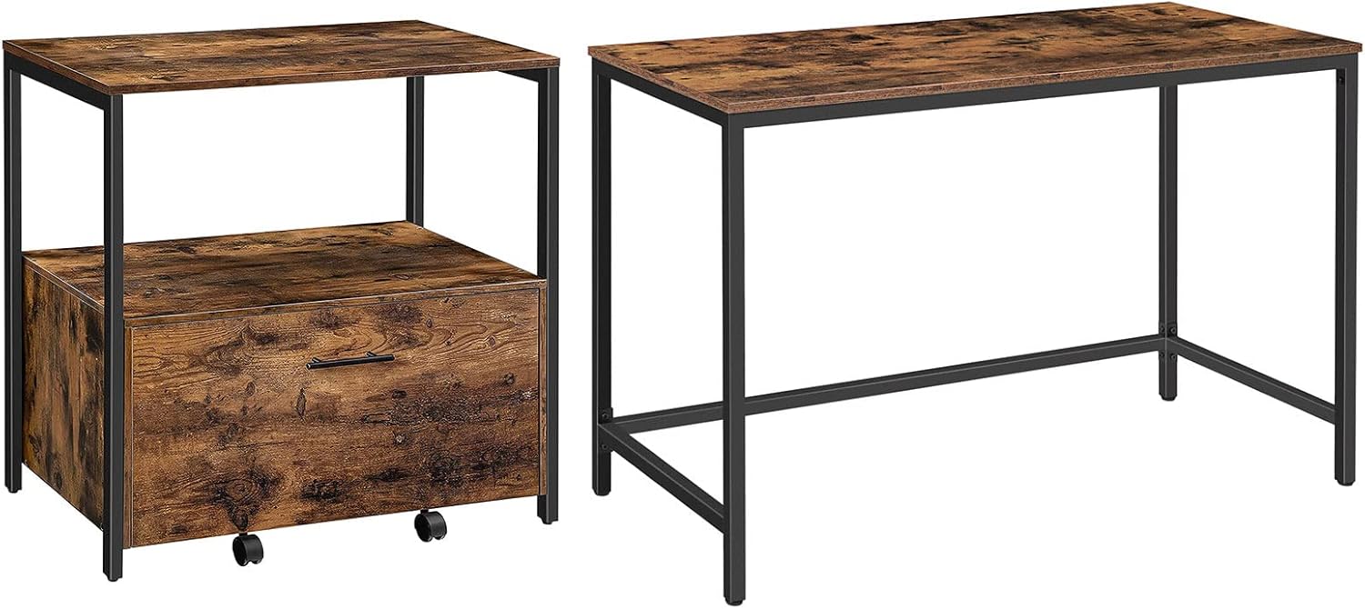 HOOBRO Computer Desk and File Cabinet Bundle, 47.2 Inches Industrial Writing Desk, Lateral File Cabinet with Storage Shelves, for Home Office, Sturdy Metal Frame, Rustic Brown and Black
