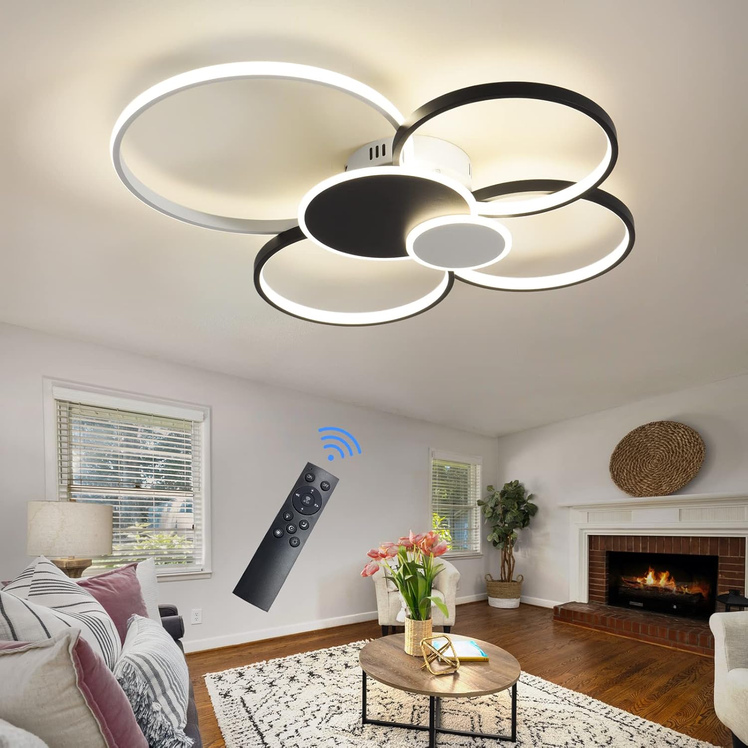 Modern LED Ceiling Light 60W Dimmable Ceiling Light Fixtures with Remote Control 6 Rings Flush Mount Ceiling Light Black Chandelier LED for Living Room Bedroom Kitchen Light Fixtures
