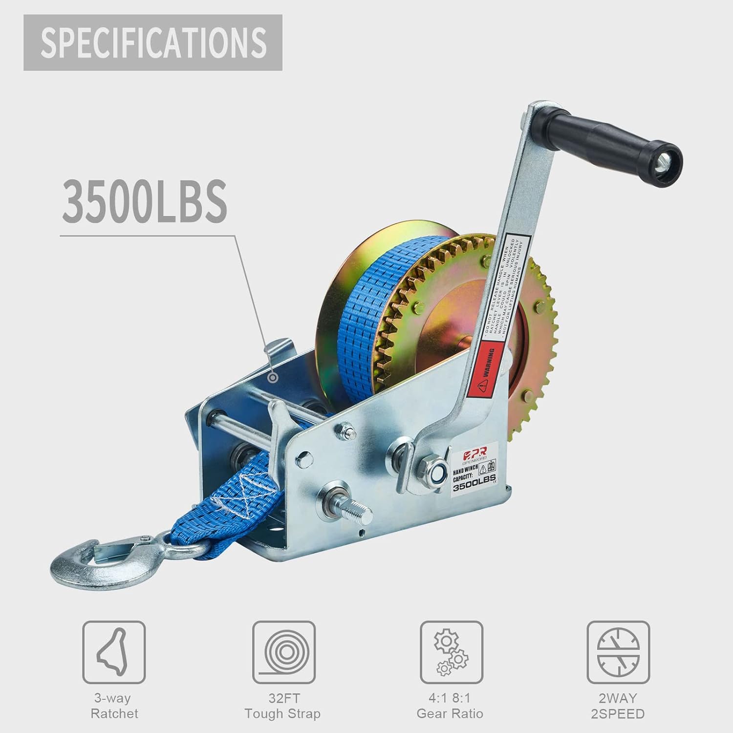 OPENROAD Baot Winch 3500lbs Hand Winch, with 32ft Blue Strap and 2 Speed switchable, for Boat Trailer Towing Winch Pack of 2