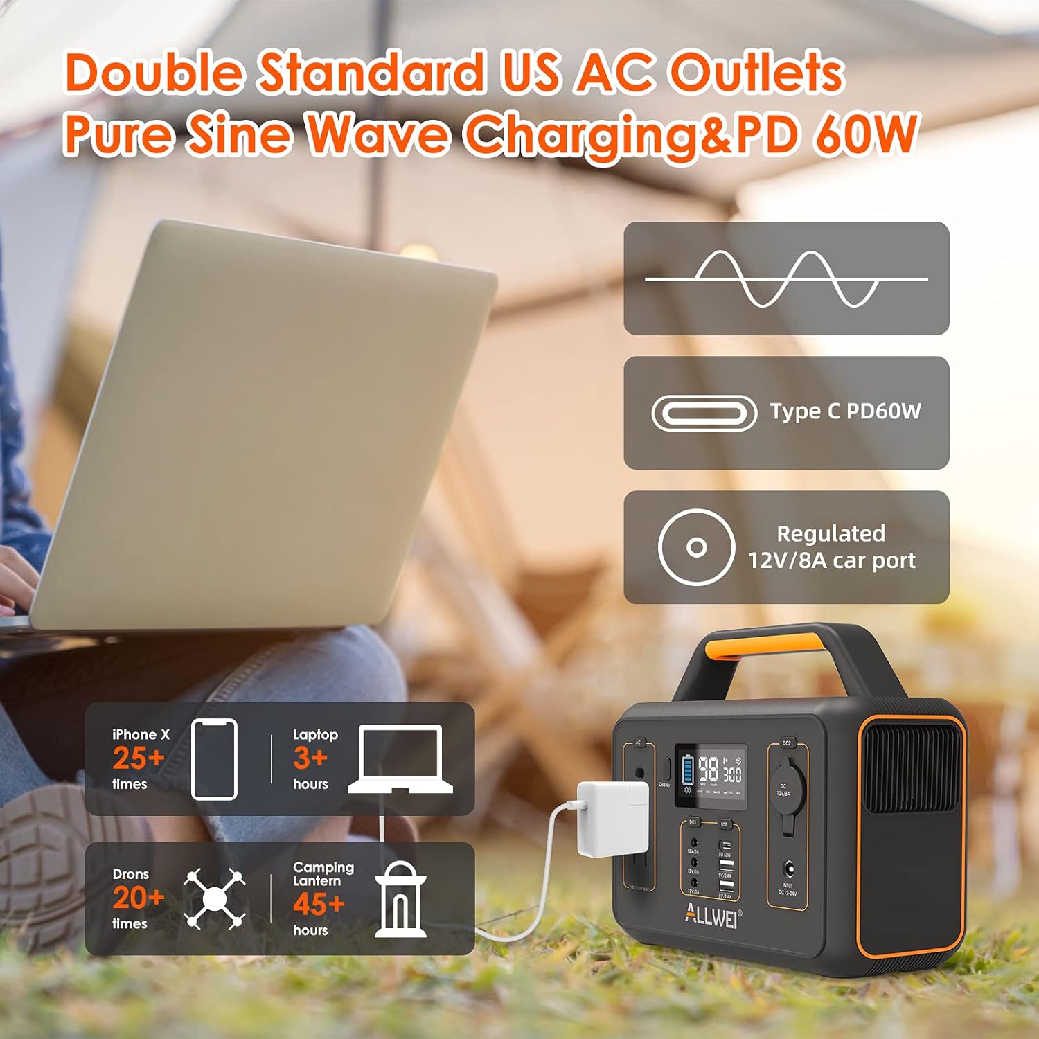 ALLWEI Portable Power Station, 280Wh Backup Lithium Battery, Regulated DC for mini Cooler, USB-C PD60W, 300W Pure Sine Wave AC Outlet Solar Power Generator for Outdoors Camping Travel Emergency