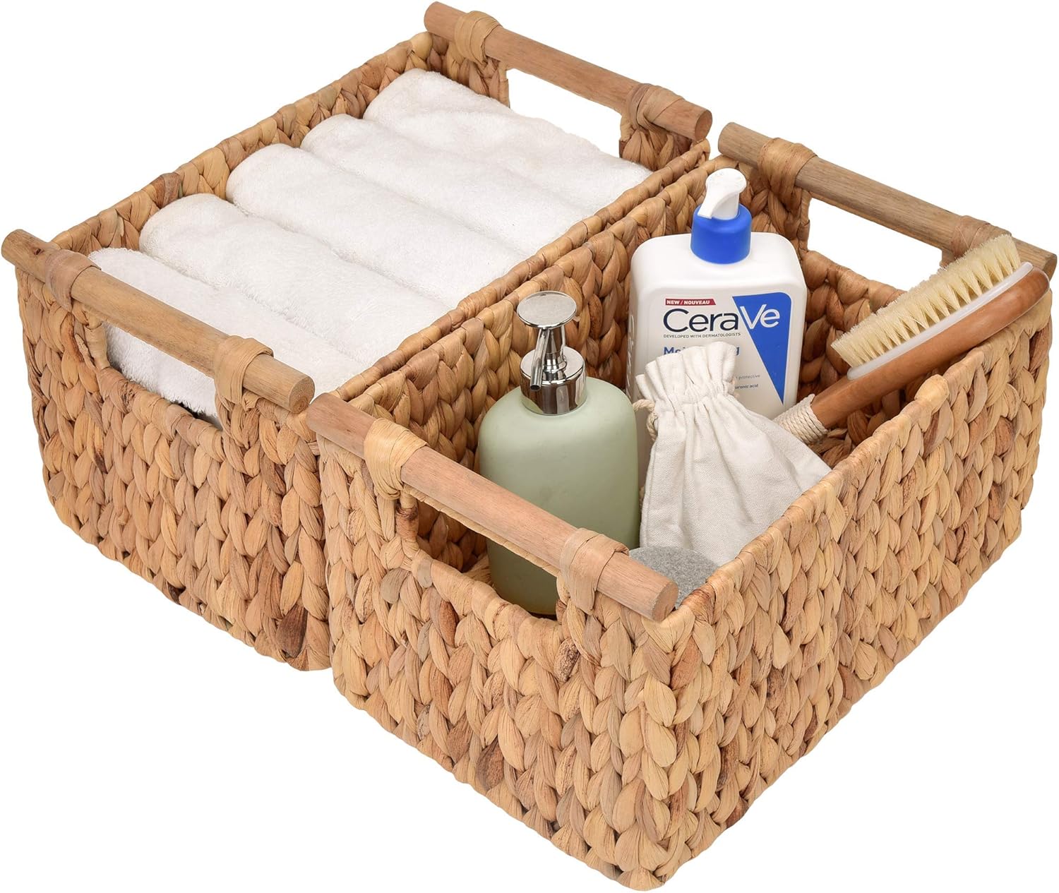 StorageWorks Hand-Woven Storage Baskets with Wooden Handles, Water Hyacinth Wicker Baskets for Organizing, Medium,13” x 8.3” x 7.1”, 2-Pack Pack of 2