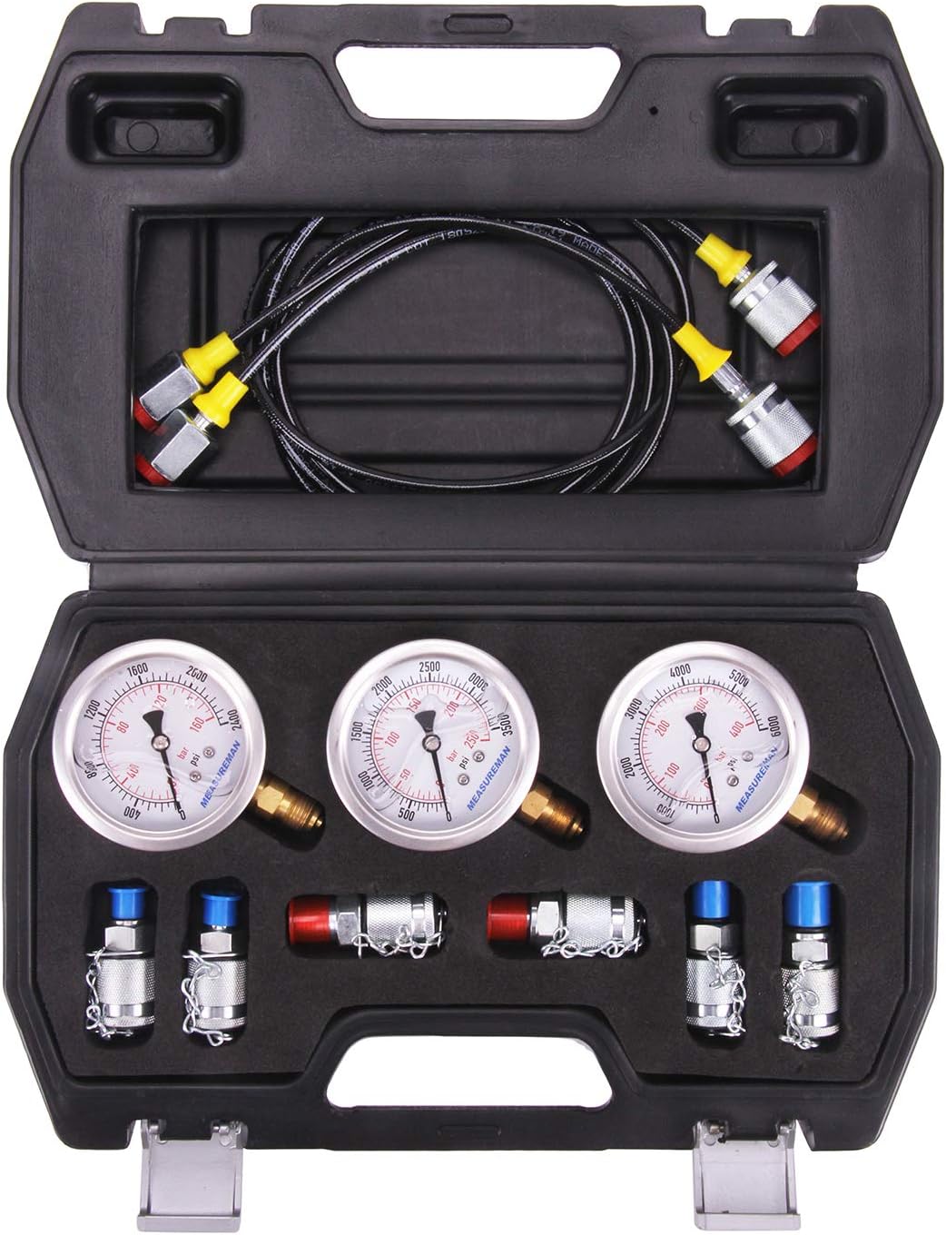 MEASUREMAN Portable Excavator Hydraulic Pressure Test Coupling Kit, Including 6 Test Couplings, 3 Pressure Gauges, 2 Test Hoses for Excavator Construction Machinery