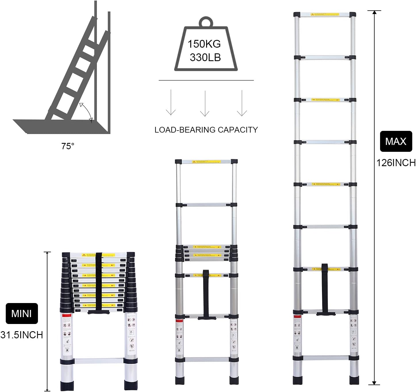 SINMEIRUN Aluminum Telescoping Ladder, Extension Ladder 8.5FT Aluminum Alloy Extendable Ladder, Folding Ladder Lightweight, Multi-Purpose Compact Ladder for Home, 330lbs Max Capacity.