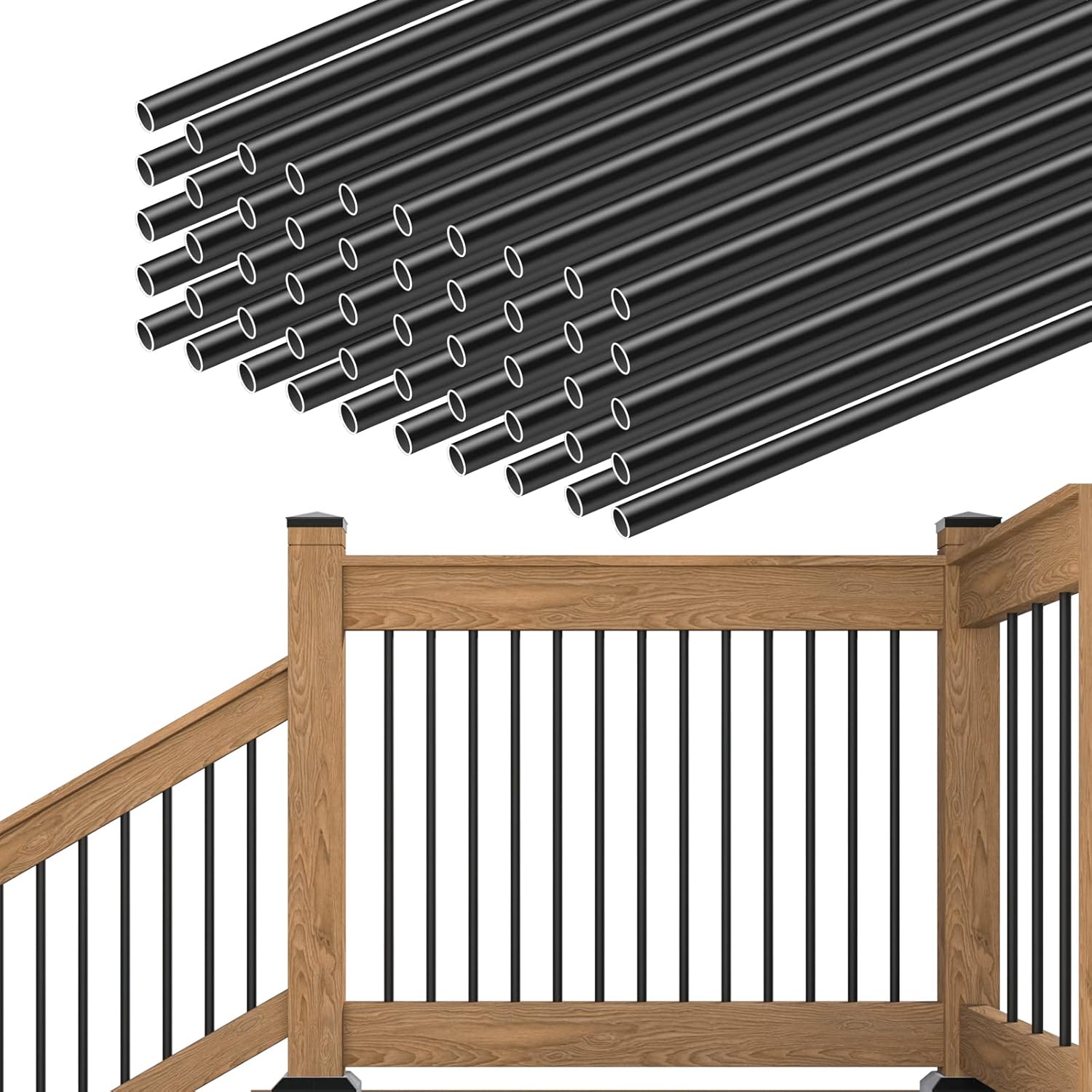 Muzata 50pack 26&rdquo;x3/4&rdquo; Aluminum Deck Balusters for 36 inch Wood Composite Post Deck Railing Black Indoor Outdoor Porch Staircase Stair Spindles Hollow Round WT02