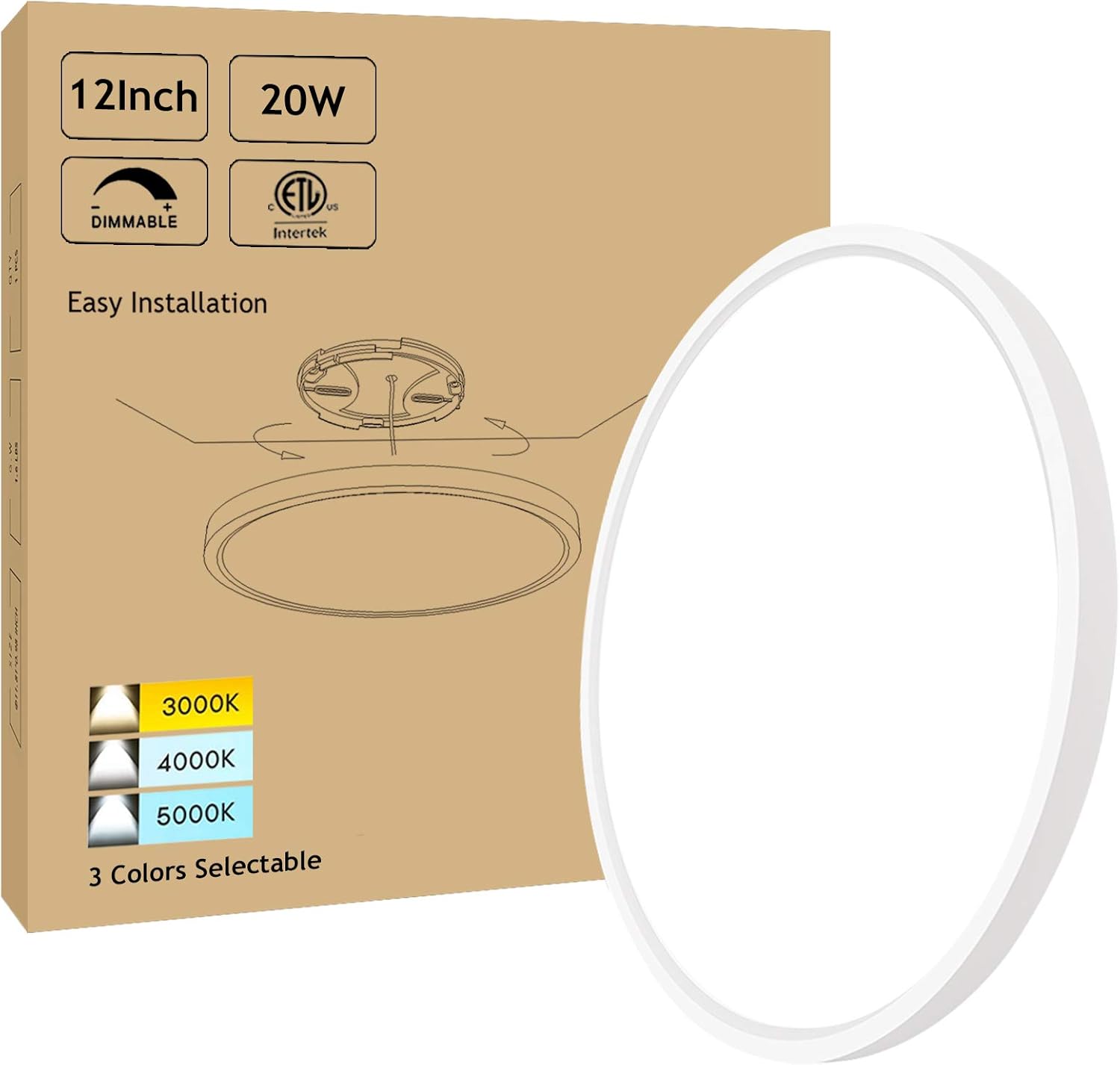 12 Inch Dimmable LED Ceiling Light Flush Mount, 20W 3000K-4000K-5000K 3 Color Selectable, Low Profile, Ultra Thin, White, 120V, ETL & FCC Listed, 4 Pack