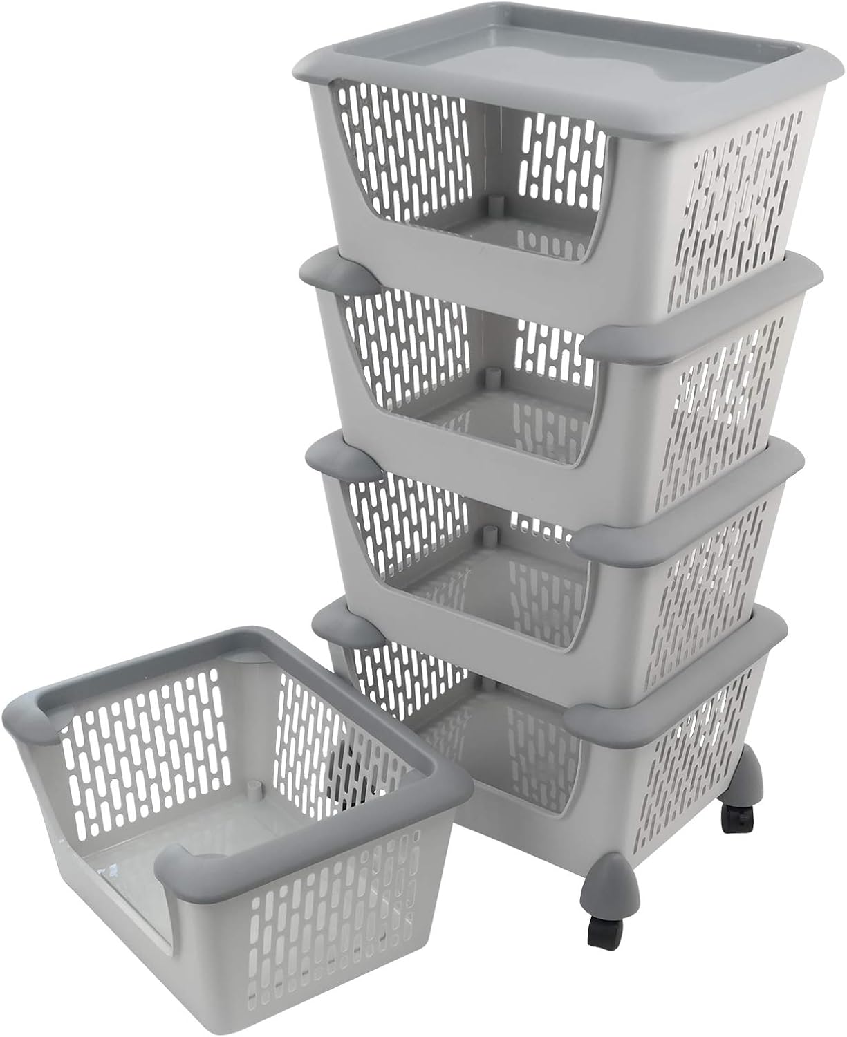 Jandson Grey Plastic Stacking Baskets, Large Stackable Storage Bins, 5 Packs