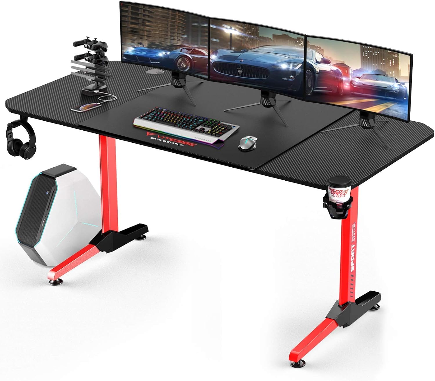 Vitesse Gaming Desk, Gaming Computer Desk, PC Gaming Table, T Shaped Racing Style Professional Gamer Game Station with Free Mouse pad, USB Gaming Handle Rack, Cup Holder and Headphone Hook (Black)