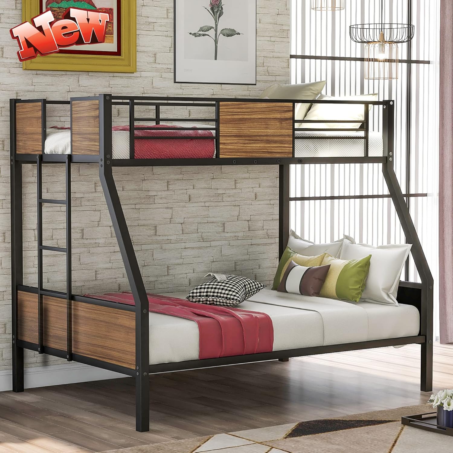 ZMIHANNA Latest Version Metal Bunk Beds for Kids Teens Adults,More Durable Metal Steel Bunk Bed Frame with Safety Rail & Ladder & Wood Board Decoration,Easy Assemble,Black (Twin Over Full Bunk Bed)