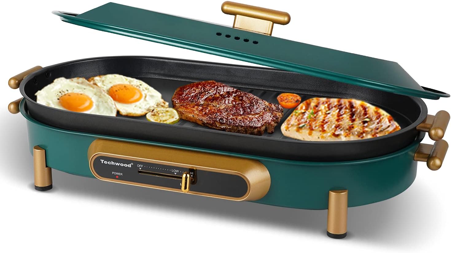 Electric BBQ Grill Indoor, Techwood Electric Indoor Grill Griddle Korean BBQ Grill With Lid, Non-stick Surfaces and Removable Plates, Adjustable Temperature, Fast Heat Up, Easy to Clean 1200W, Blue