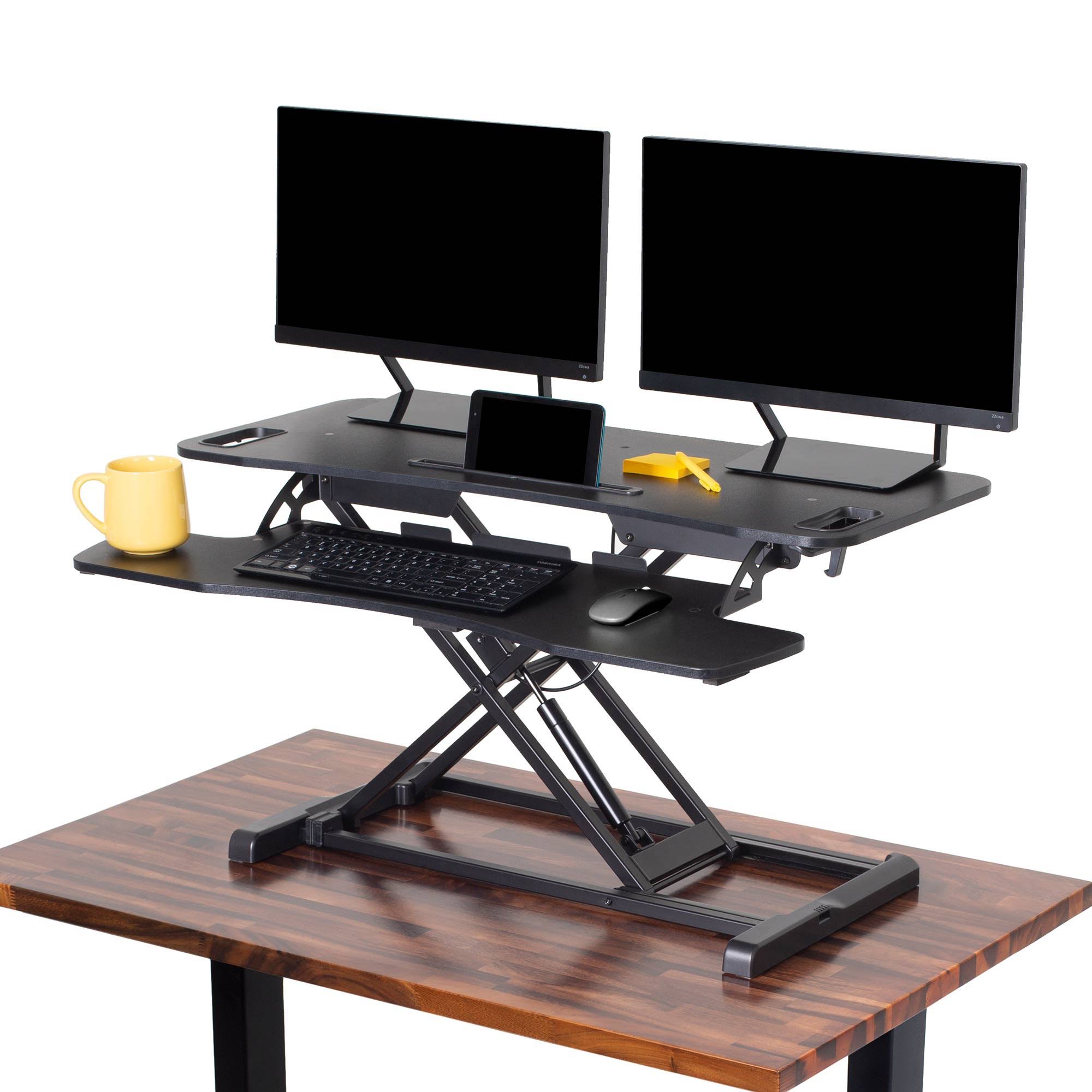 Stand Steady Flexpro Hero Corner Two Level Standing Desk Converter - Easily Sit to Stand in Seconds! Large Work Space with Extra