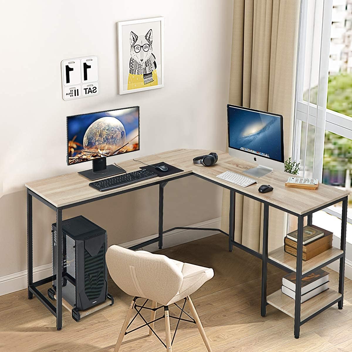 YOLENY L-Shaped Computer Desk,Space-Saving Corner Desk with Storage Shelves,Home Office Desk Study Workstation for Home,Office