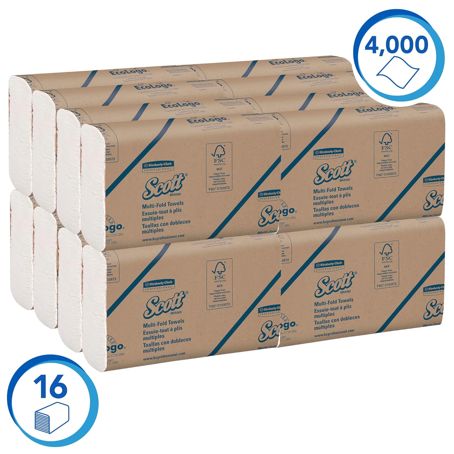 Scott Essential Multifold Paper Towels (01804) with Fast-Drying Absorbency Pockets, White, 16 Packs / Case, 250 Multifold Towels / Pack