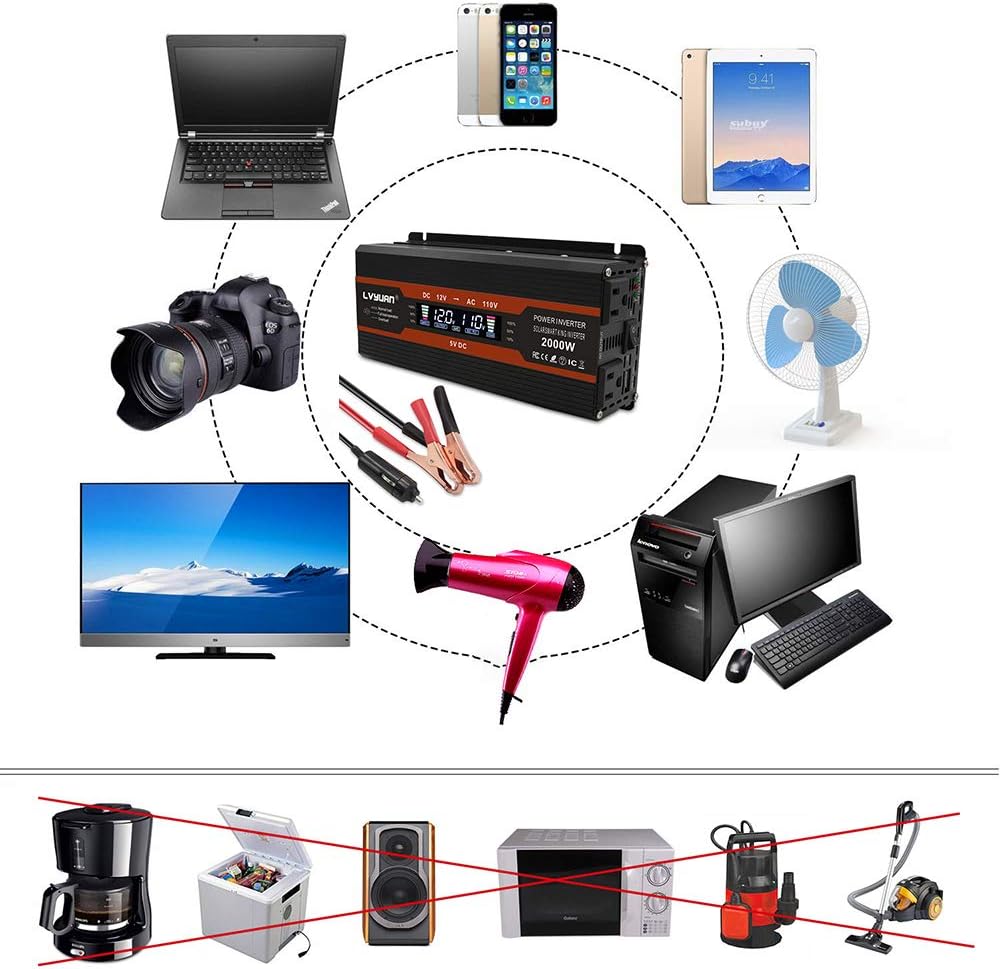 IpowerBingo Power Inverter 1000W/2000W Dual AC Outlets and Dual USB Charging Ports DC 12V to 110V AC Car Converter with Digital Display Pack of 2