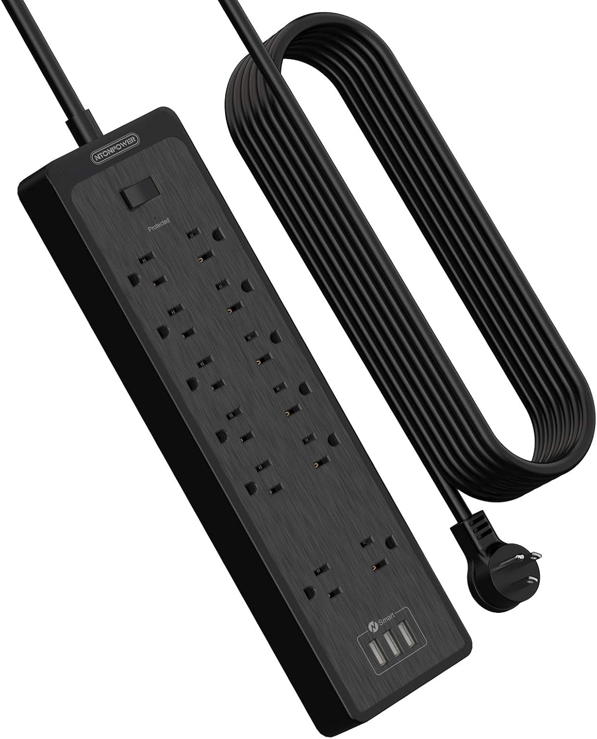 Flat Plug Extension Cord 25 Ft, NTONPOWER Surge Protector Power Strip with 12 Outlets(2 Widely Space) 3 USB, Overload Protection Switch, 2100 Joules, Wall Mount for Home Office and Workbench, Black Pack of 2