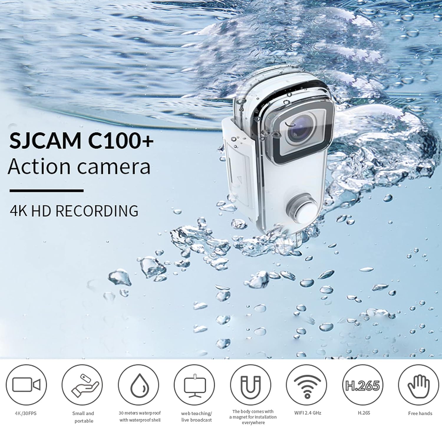 SJCAM C100+ Small Action Camera 4K30FPS and 1.6hrs Video Recording Waterproof Stabilization,Live Streaming, Webcam, Weighs 1 oz for Travel, Sports, Vlog (White) Pack of 2