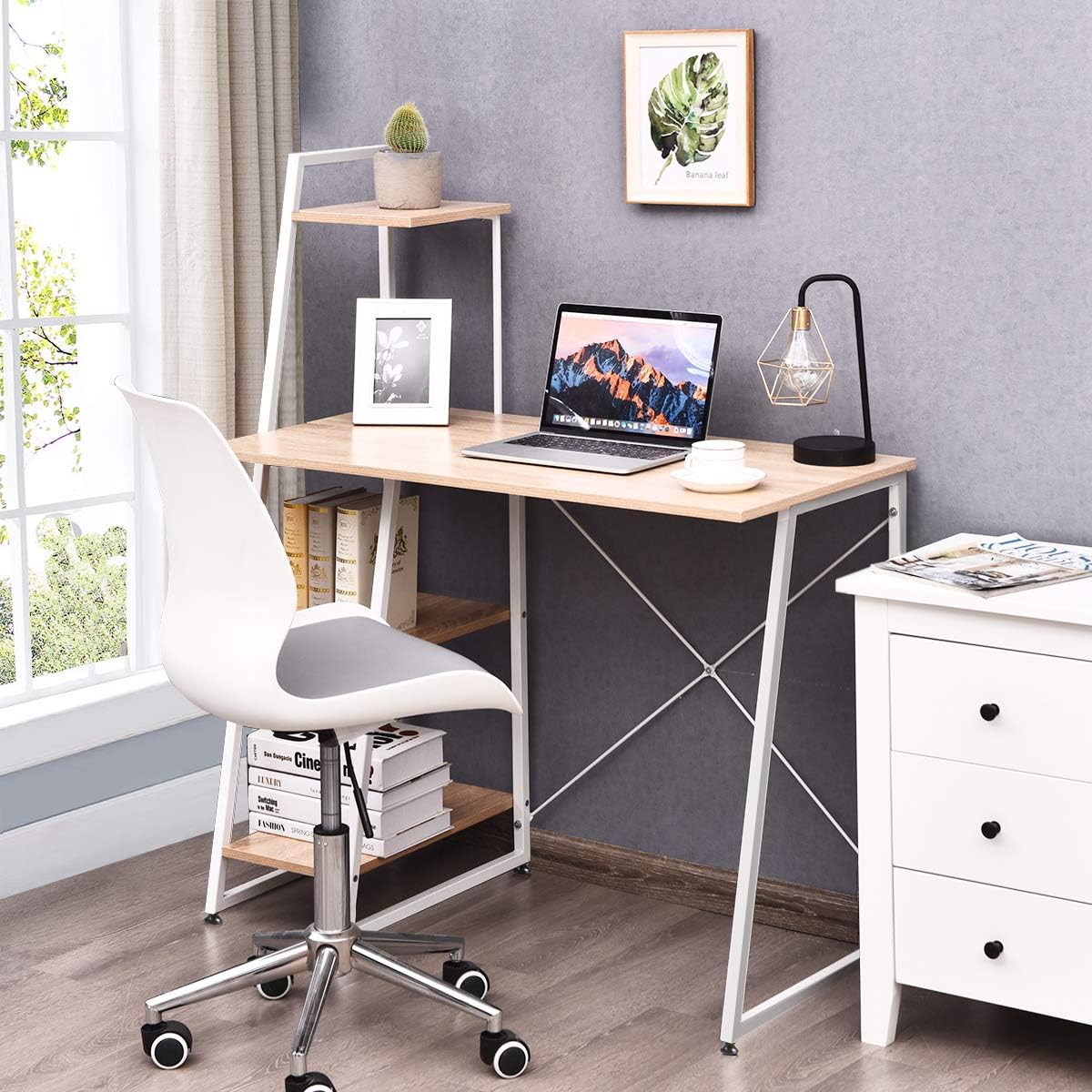 POWERSTONE Modern Writing Study Work Desk Workstation with Storage Compact Computer Table with Hutch for Small Spaces Brown
