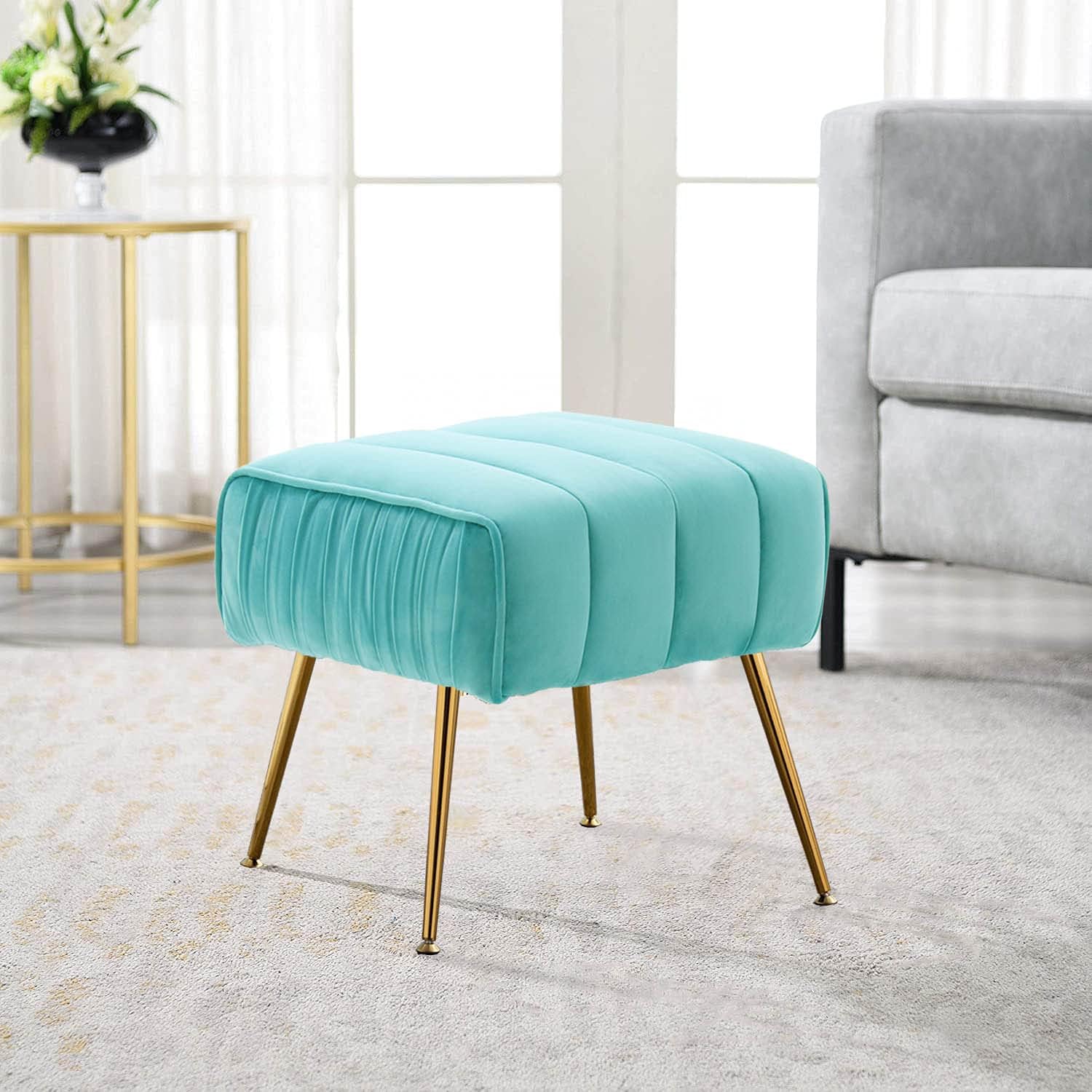 Altrobene Tufted Velvet Ottoman/Foot Stool/Seat with Gold Legs for Living Room Bedroom, Light Blue Pack of 2