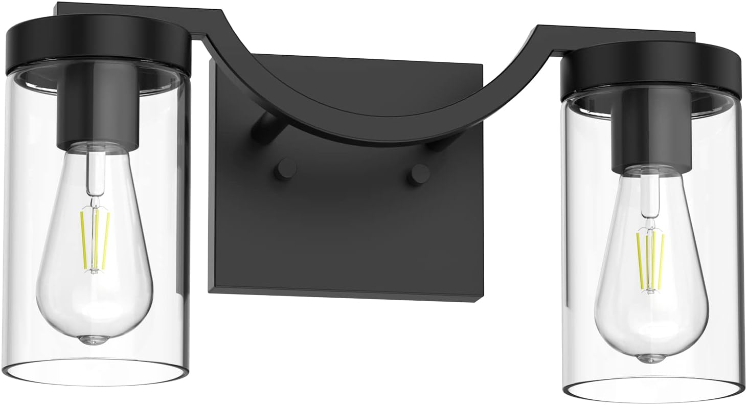 Bathroom Light Fixtures, 2-Light Modern Wall Sconces, Matte Black Bathroom Vanity Light Fixtures with Clear Glass Shade, Wall Lamp for Mirror, Bedroom, Living Room, Easy to Install