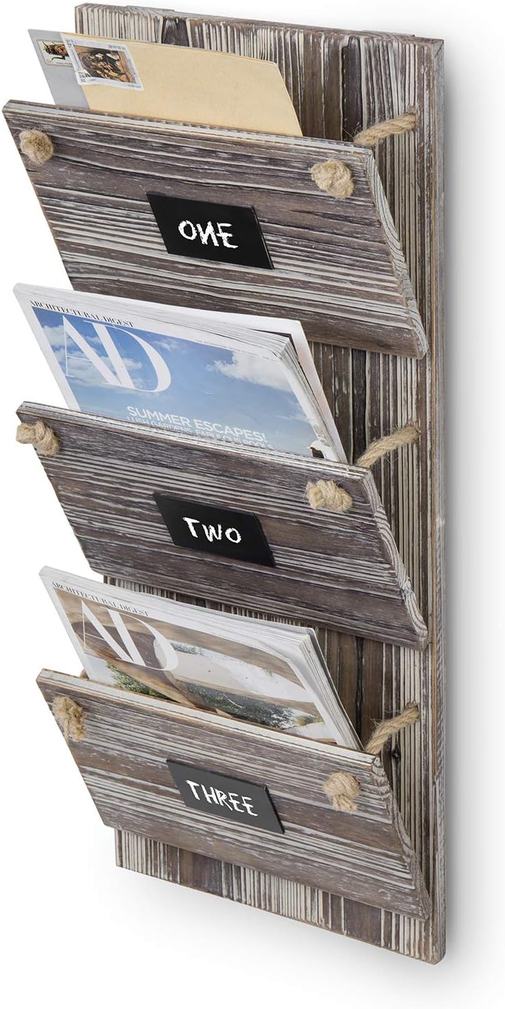 MyGift 3-Slot Wall Mounted Torched Wood Mail Holder/Magazine Rack with Rustic Rope & Chalkboard Labels Pack of 2