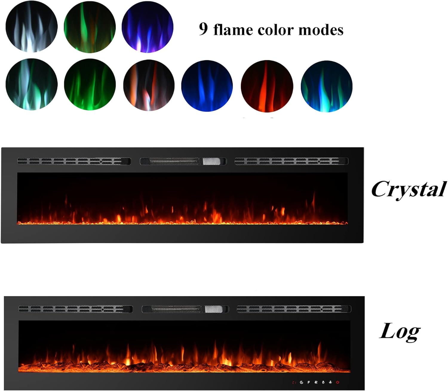 PAOLFOX Electric Fireplace Inserts,60 inch Electric Fireplace,Electric Fireplace Wall Mounted,Recessed Fireplace,Free Standing with 2 Legs Parts,3-in-1 Install Design,Log & Crystal Hearth Options