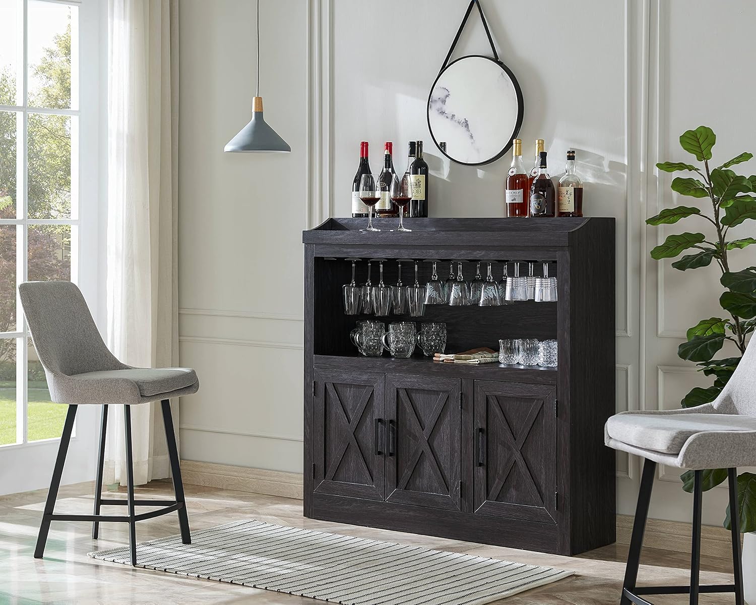 Home Source Bar Cabinet with Stem Glass Placement and Wooden Doors in Grey Wash