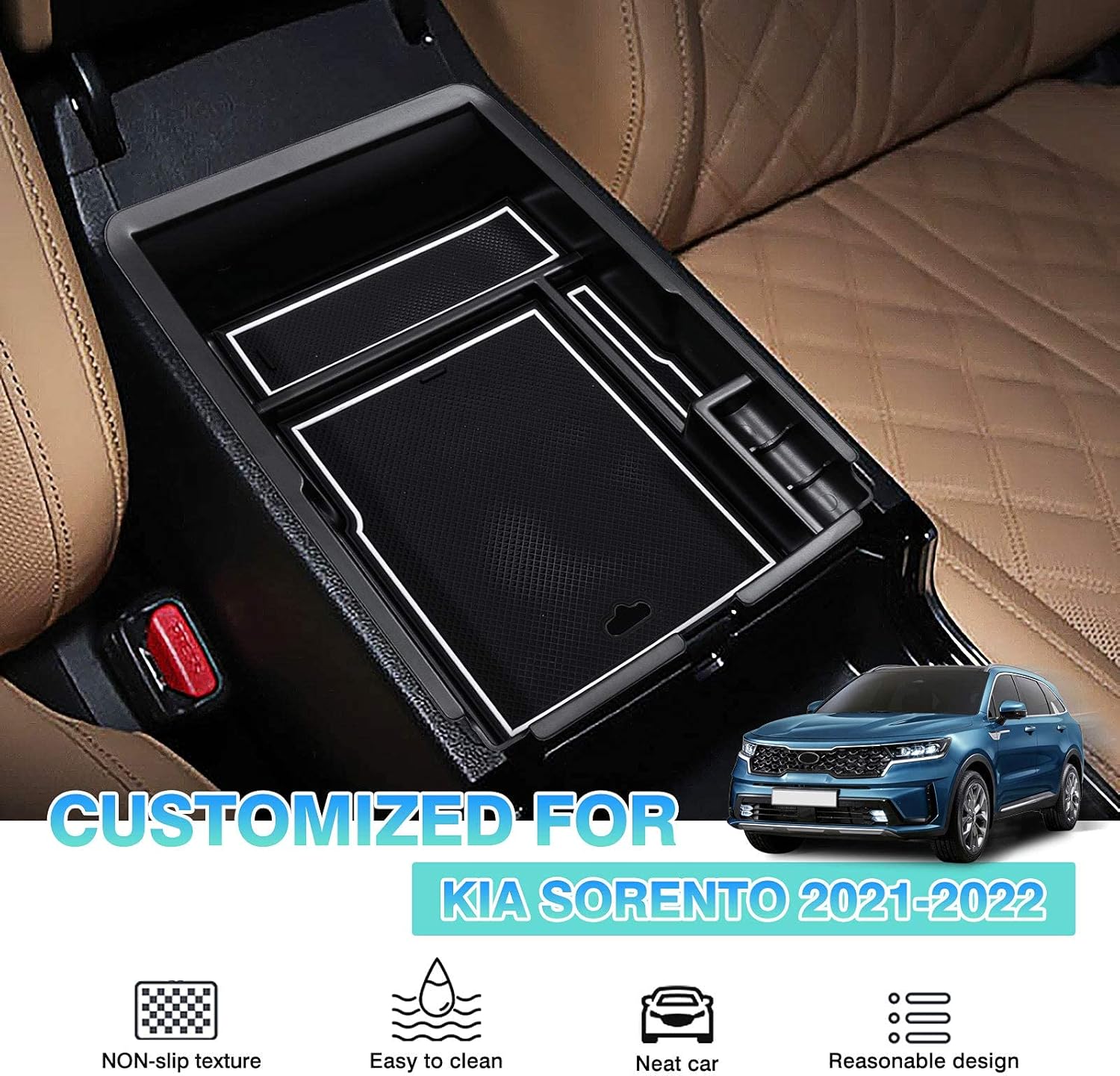 Autorder Custom Fit for Center Console Organizer Kia Sorento MQ4 2021 2022 Accessories Armrest Box Storage Box Insert Tray with 2 Colors Mats（1PC Fluorescent Mat + 1PC Solid Black Mat）