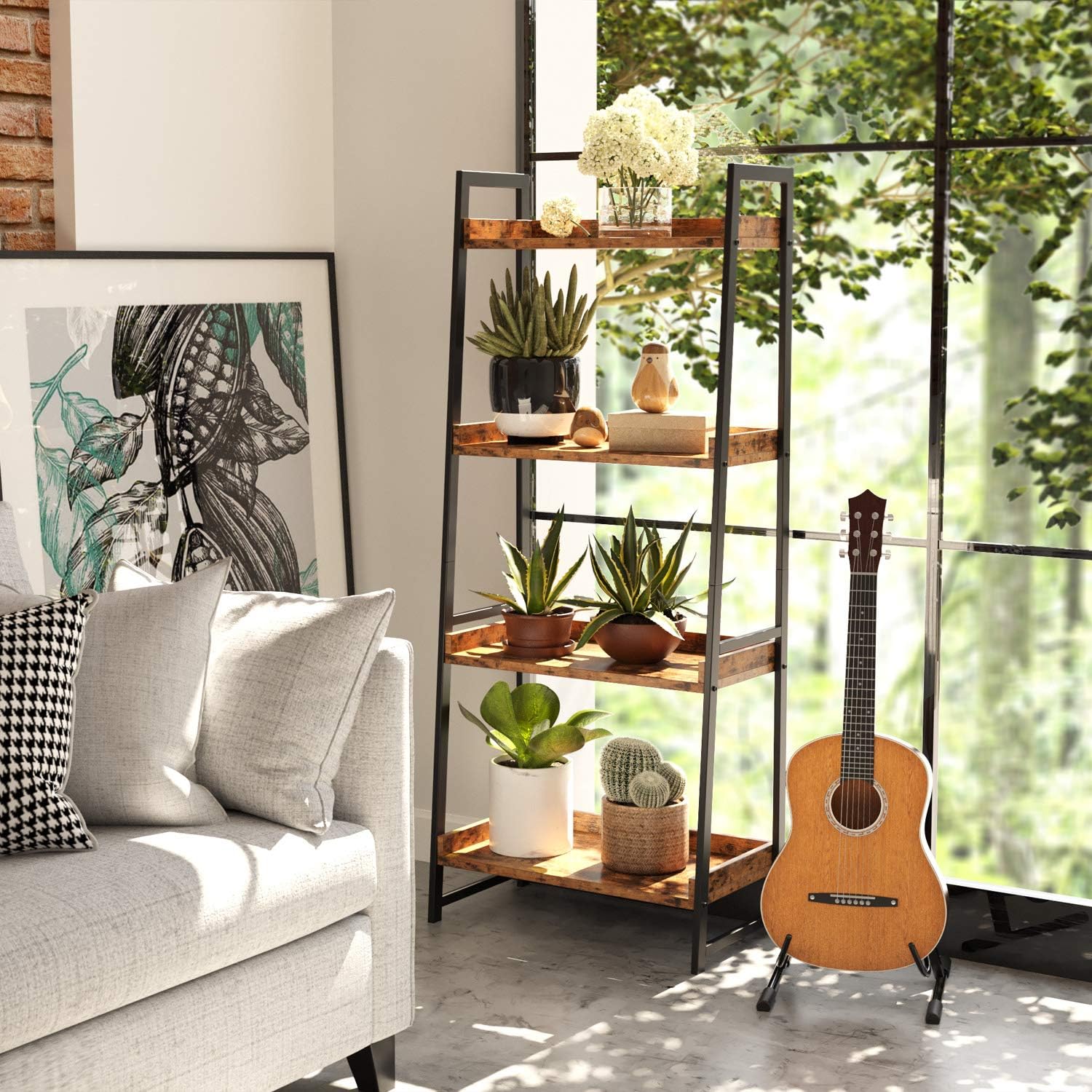 IRONCK Industrial Bookshelf, 4-Tier Ladder Shelf, Storage Shelves Rack Shelf Unit, Wood Look Accent Furniture Metal Frame, Vintage Home Office Furniture for Bathroom, Living Room, Rustic Brown