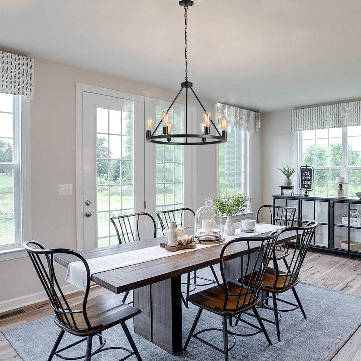 GHGYOBO 6-Light Round Industrial Rustic Metal Farmhouse Chandelier,Diam 25.6inch,Modern Unique Black Wagon Wheel Chandelier,Suitable for Kitchen Island,Dining Room,Farmhouse,Living Room,Foyer,Bedroom