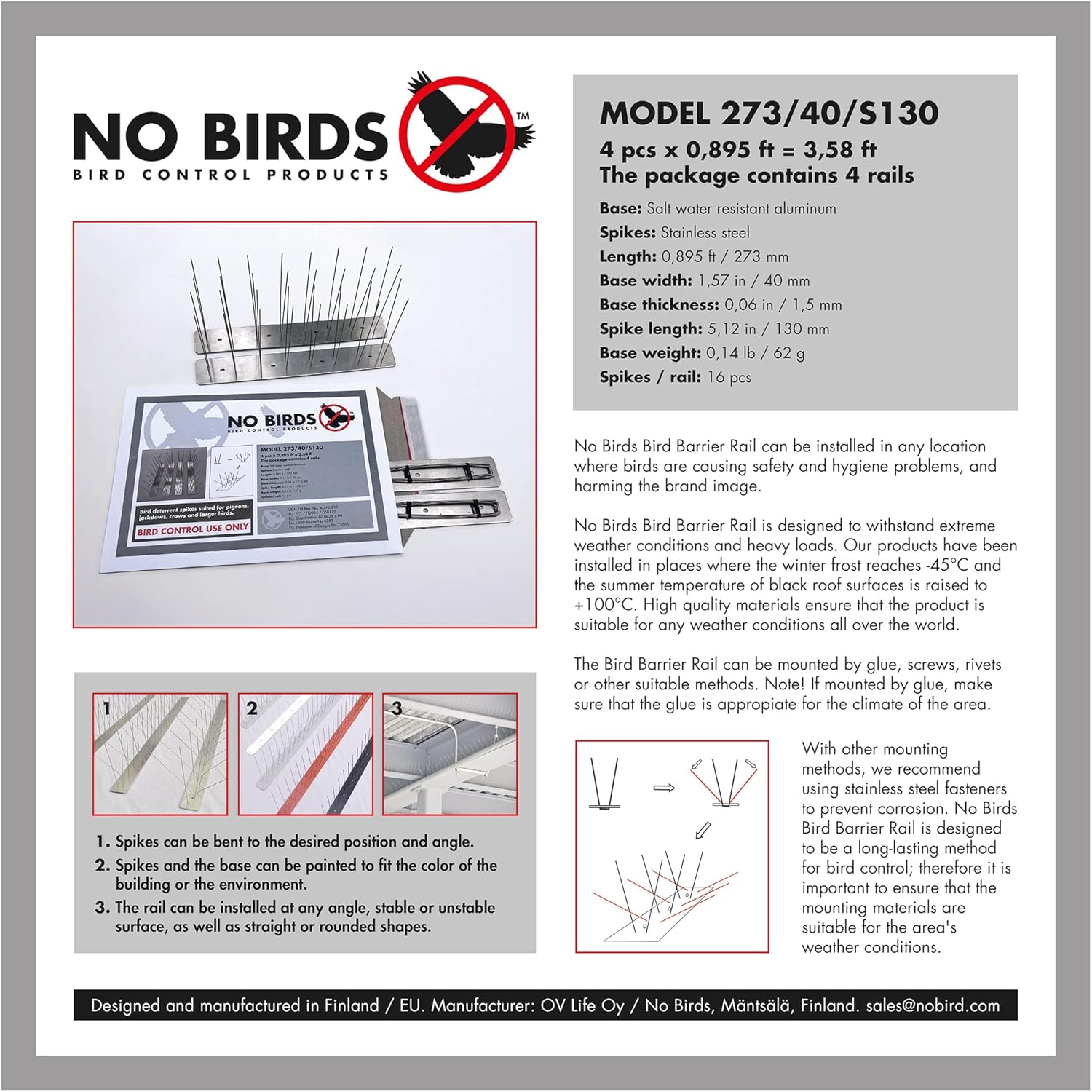 NO Birds Quality Bird Spikes for Pigeons and Large Birds Made from Stainless Steel and Aluminum, Durable Bird Repellent, Anti Bird Deterrent, Salt Water Resistant, 4 Pack (Total Length 3.58 ft)