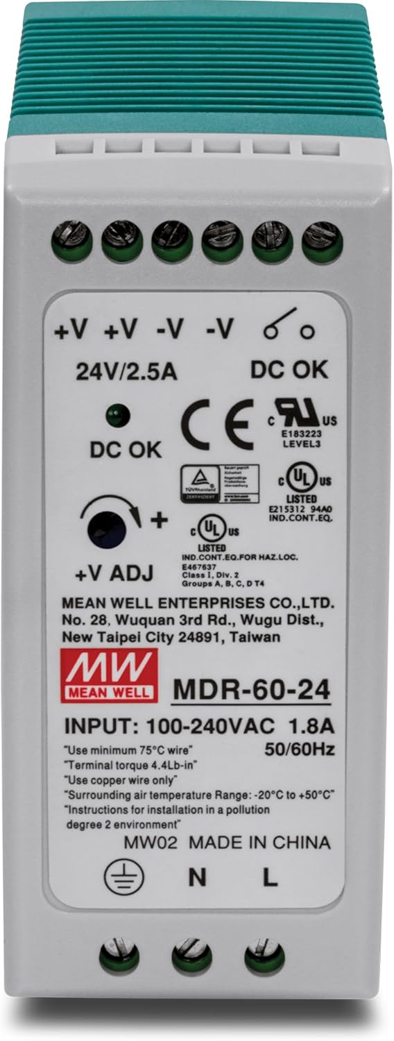 TRENDnet 60 W Single Output Industrial DIN-Rail Power Supply, Universal AC Input, Extreme -20 to 70 °C (-4 to 158 °F) Operating Temp, TI-M6024 Pack of 2