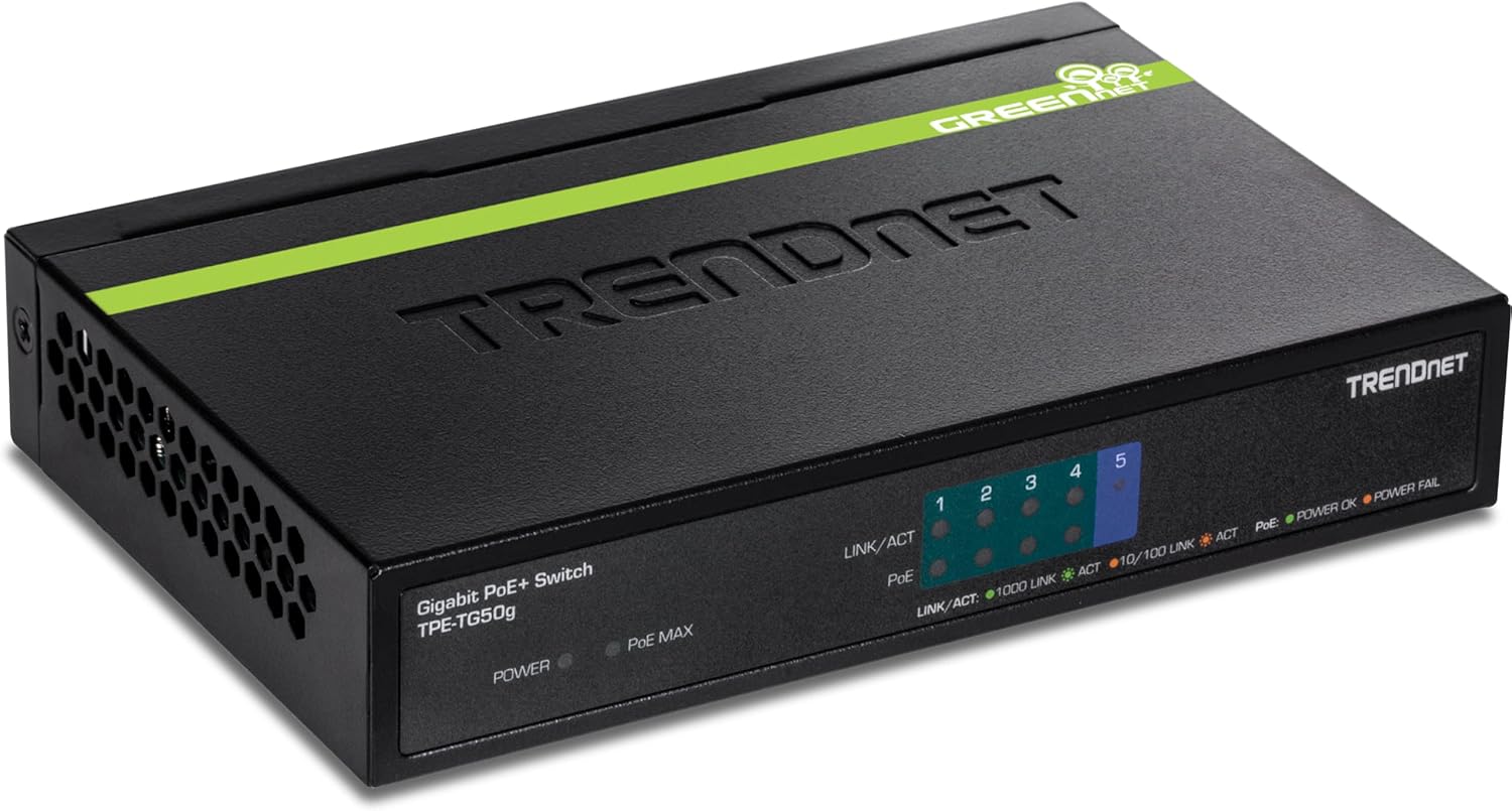 TRENDnet 5-Port Gigabit PoE+ Switch, Camera DIP Switch extends PoE+ 200m (656 ft.), 60W PoE Budget, Black, TPE-TG51g Pack of 2