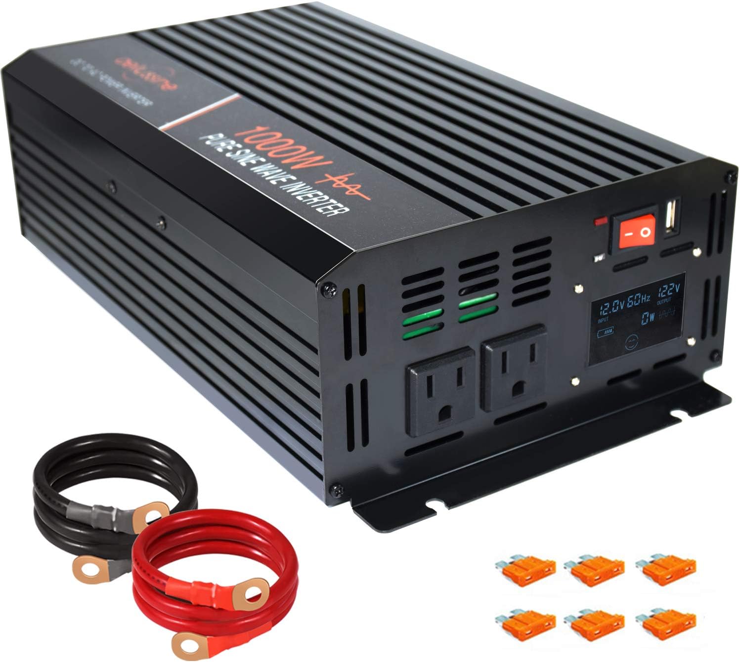 aeliussine Power Inverter 1000W Pure Sine Wave Inverter 12v DC to AC 110v 120v Peak 2000 Watt Converter with LCD Display USB Charge Port for Car RV Boat Solar Power System.