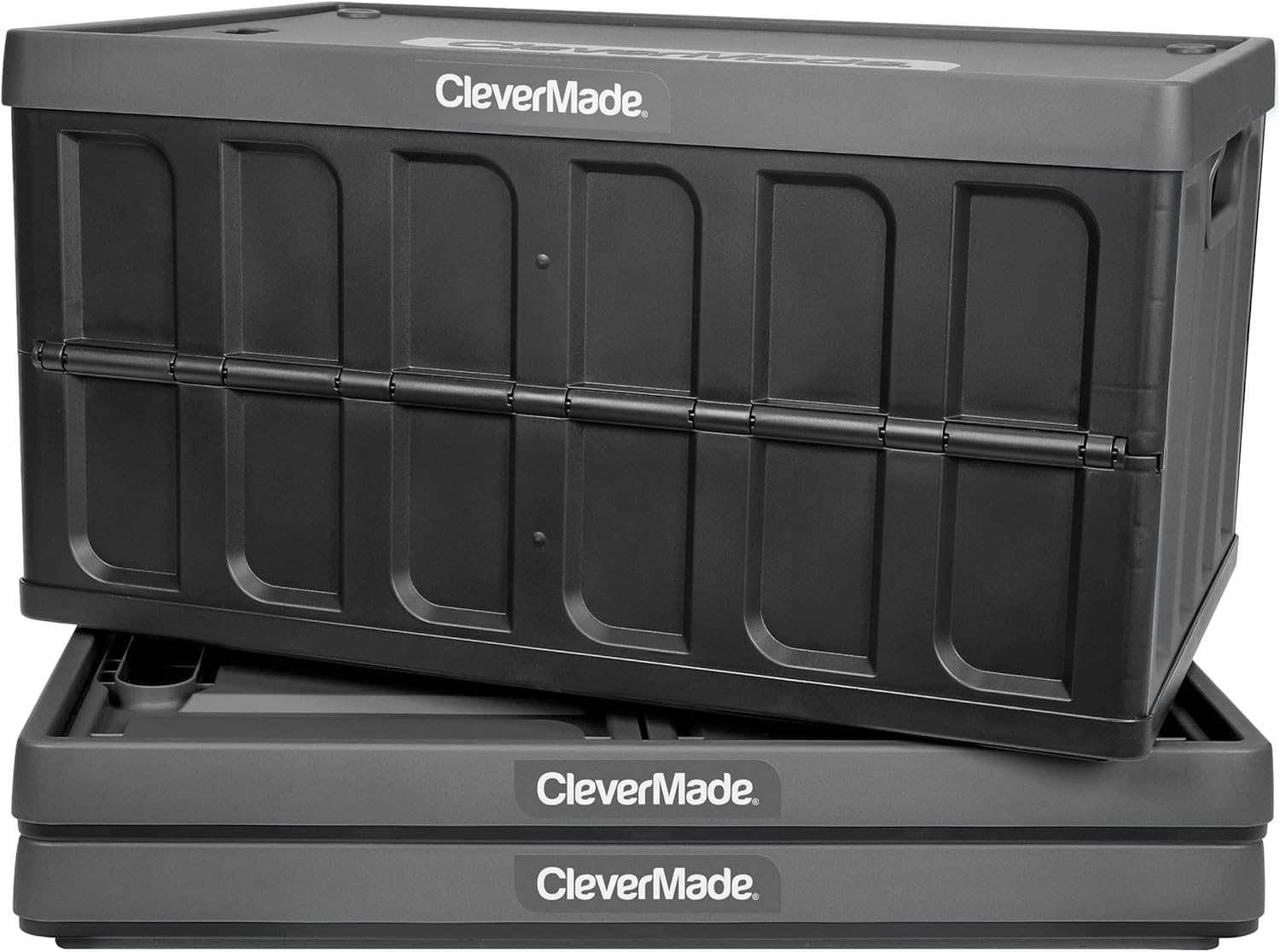CleverMade 46L Collapsible Storage Bins with Lids - Folding Plastic Stackable Utility Crates, Solid Wall CleverCrates, 3 Pack, Charcoal Pack of 2