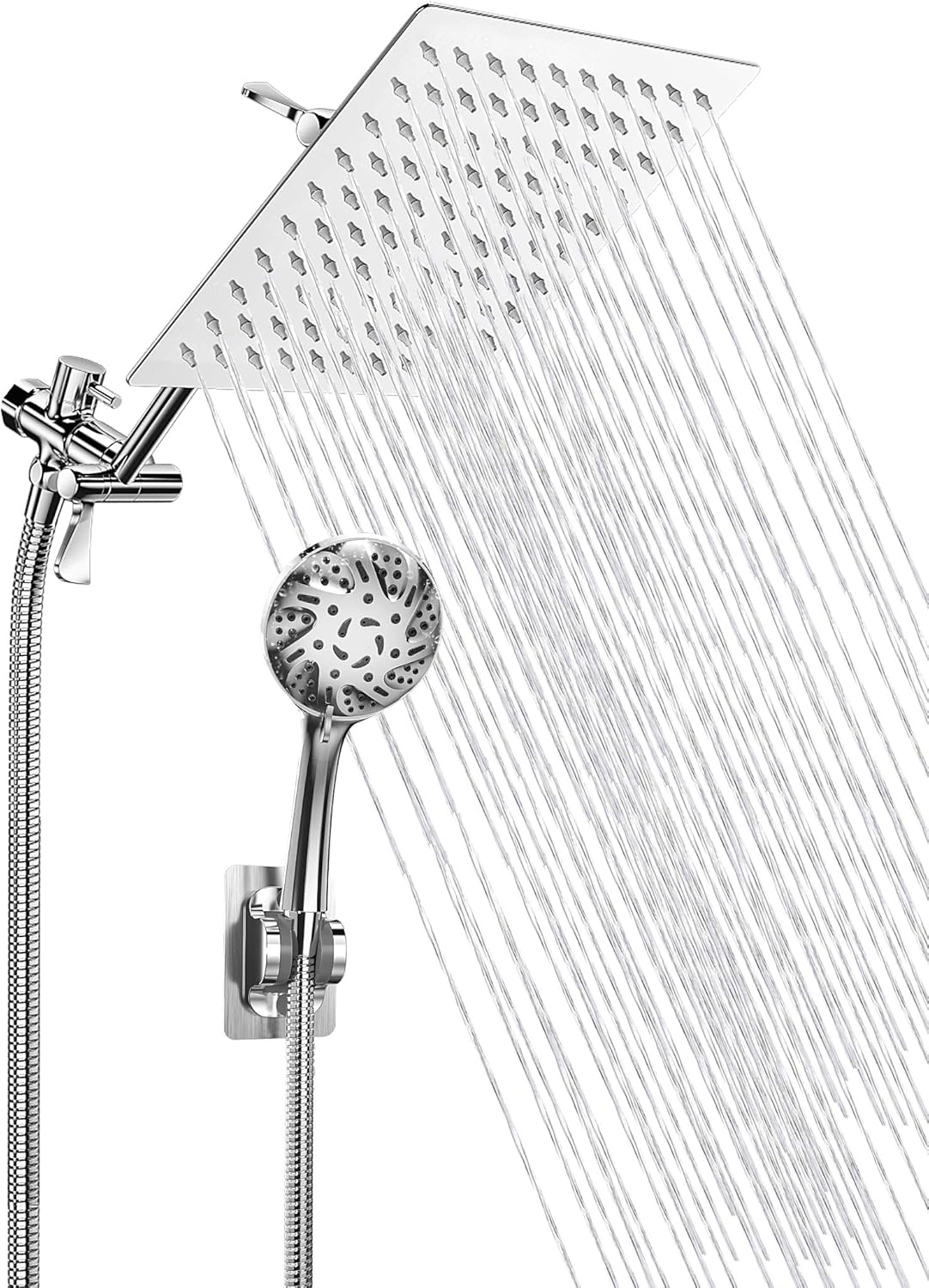 High Pressure Shower Head, Handheld & Rainfall Shower Head Combo with 11” Extension Arm, 1.5M Hose, Height/Angle Adjustable, 9-setting Handheld Shower with Holder, Filter, Anti-leak, Chrome Pack of 2