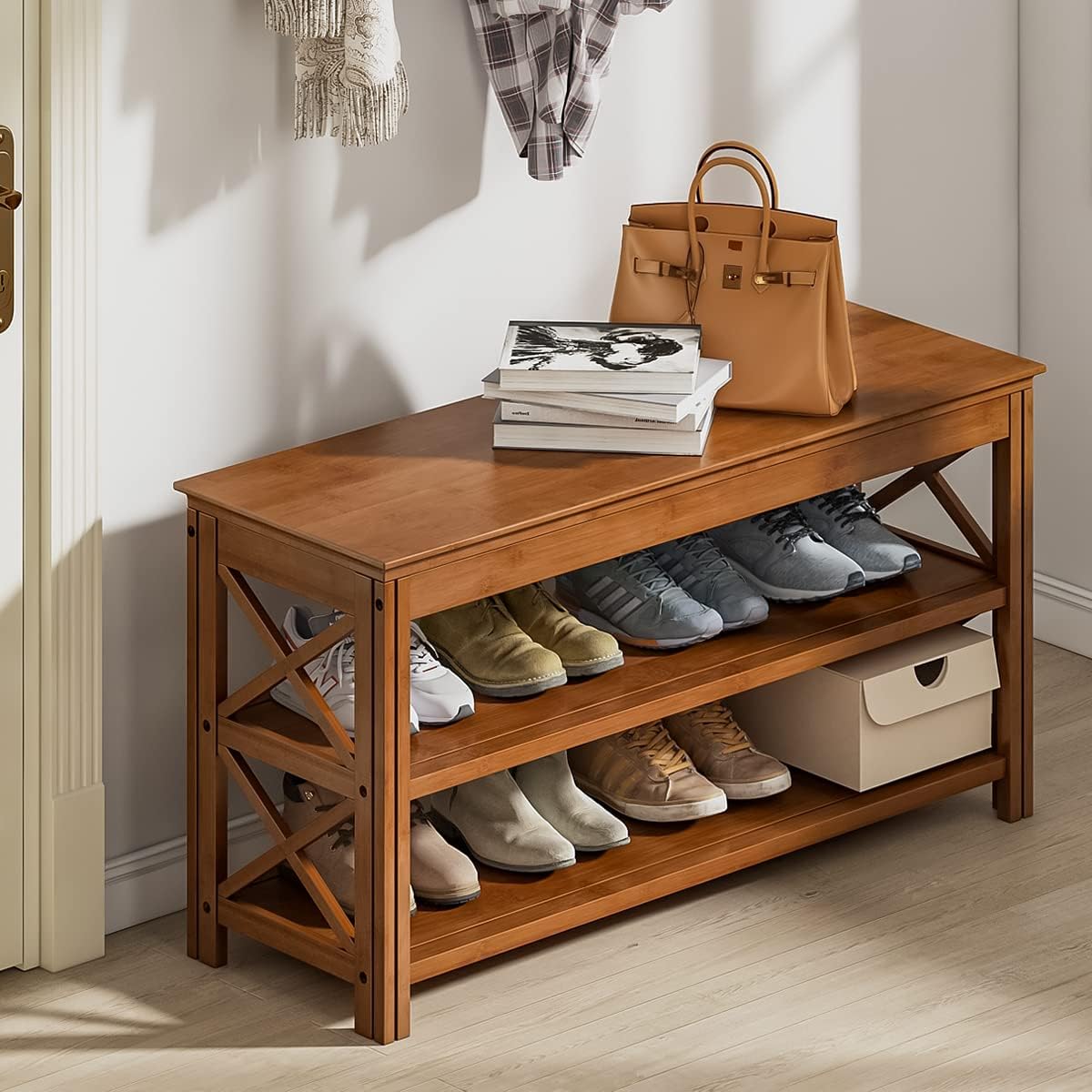 Shoe Rack Bench Entryway Shoe Bench Brown Bamboo 3 Tier Shoe Storage Benches Shoe Organizer for Entryway Hallway Living Room(31.5