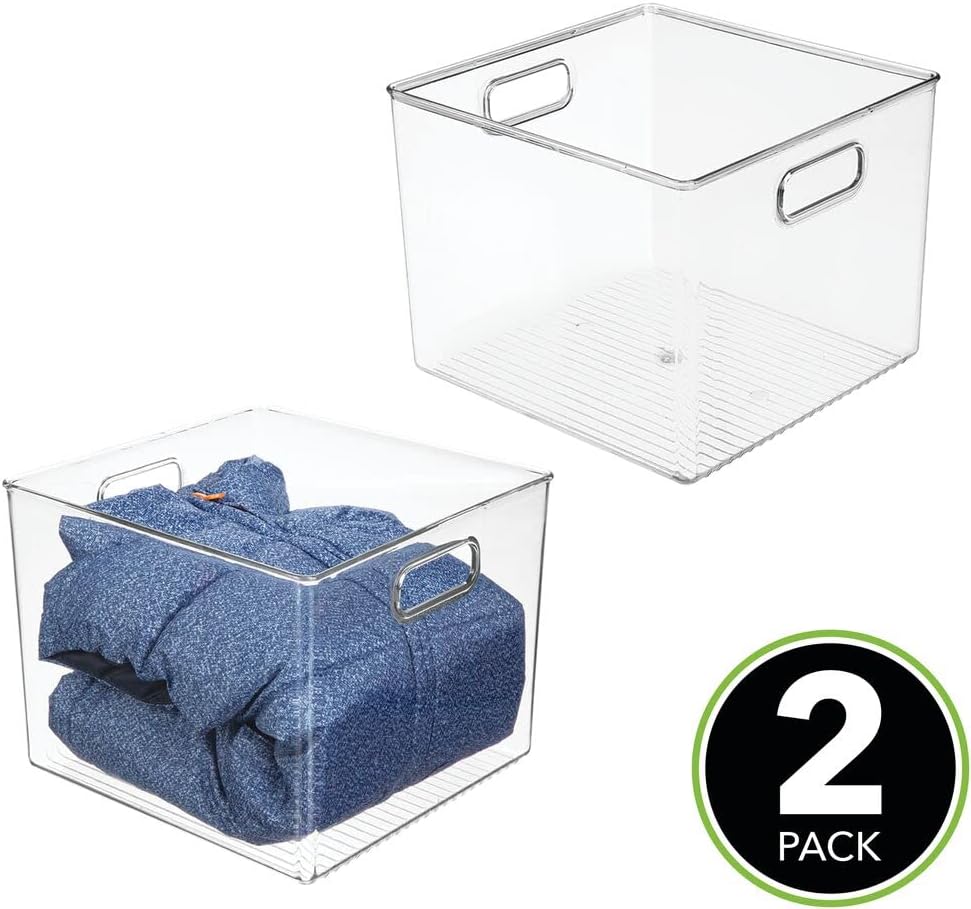 mDesign Small Modern Stackable Plastic Storage Organizer Bin Basket with Handle for Home Closet Organization - Shelf, Cubby, Cabinet, and Cupboard Organizing Decor - Ligne Collection - 2 Pack - Clear