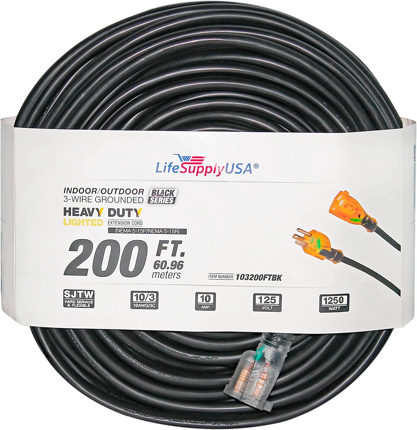 (2-Pack) - 200 ft Extension Cord 10/3 SJTW with Lighted end - Black - Indoor / Outdoor Heavy Duty Extra Durability 10 AMP 125 Volts 1250 Watts by LifeSupplyUSA