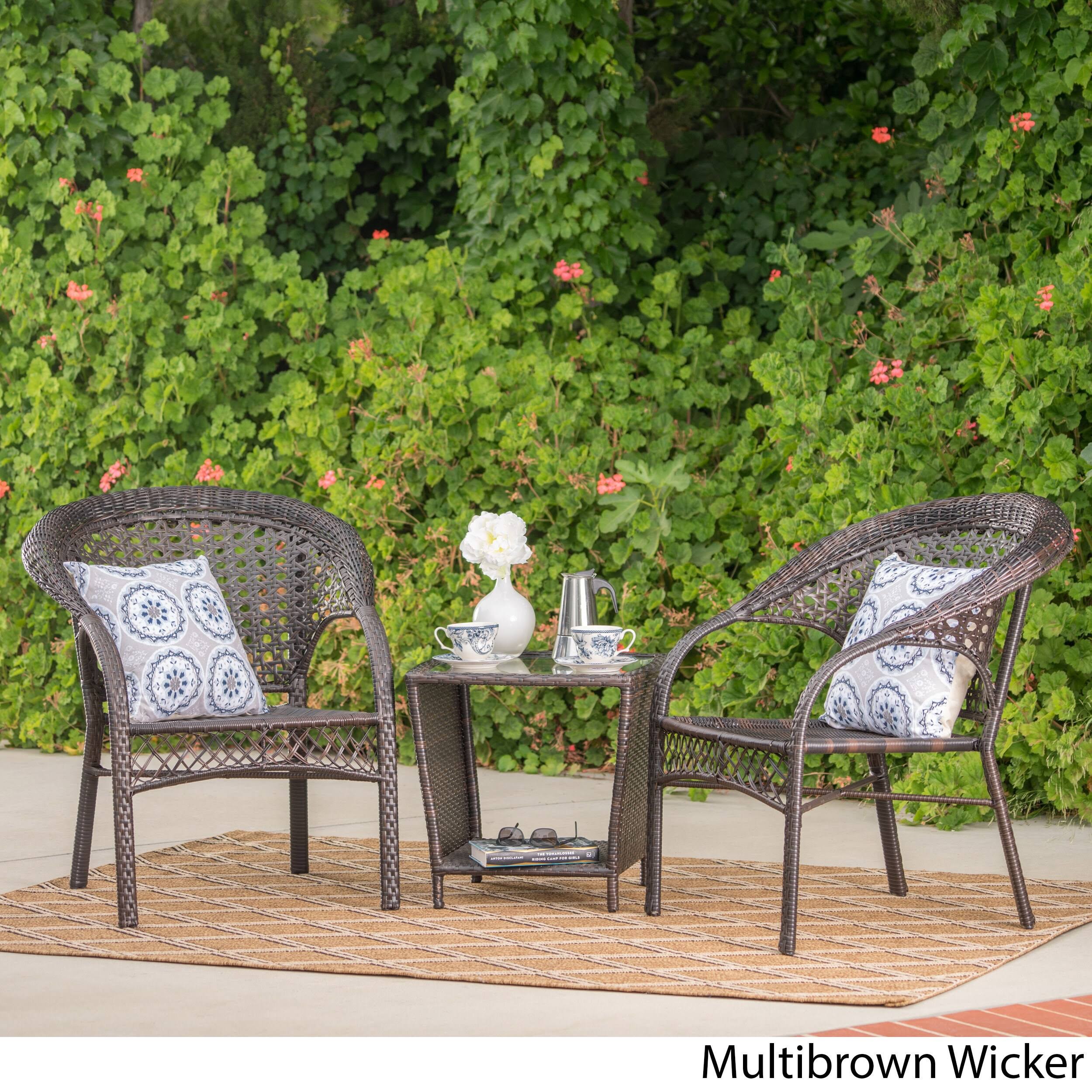 Christopher Knight Home Hamilton Outdoor 3-Piece Wicker Stacking Chair Chat Set by Multibrown
