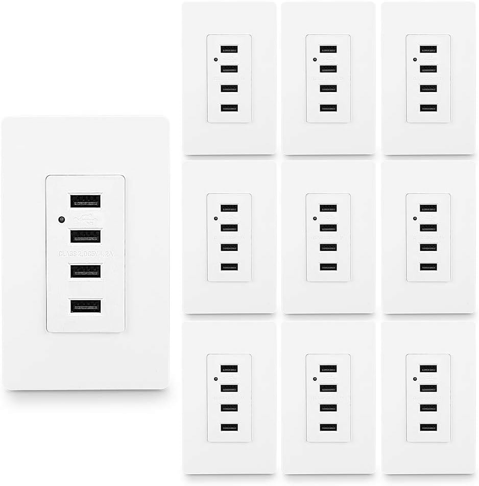LEOD 4.2A Output High Speed 4 USB Port Charger Wall Outlet with 2 Types Wall Plates(Standard and screwless Included), USB Charger Receptacle, White,UL Listed[10 Pack]
