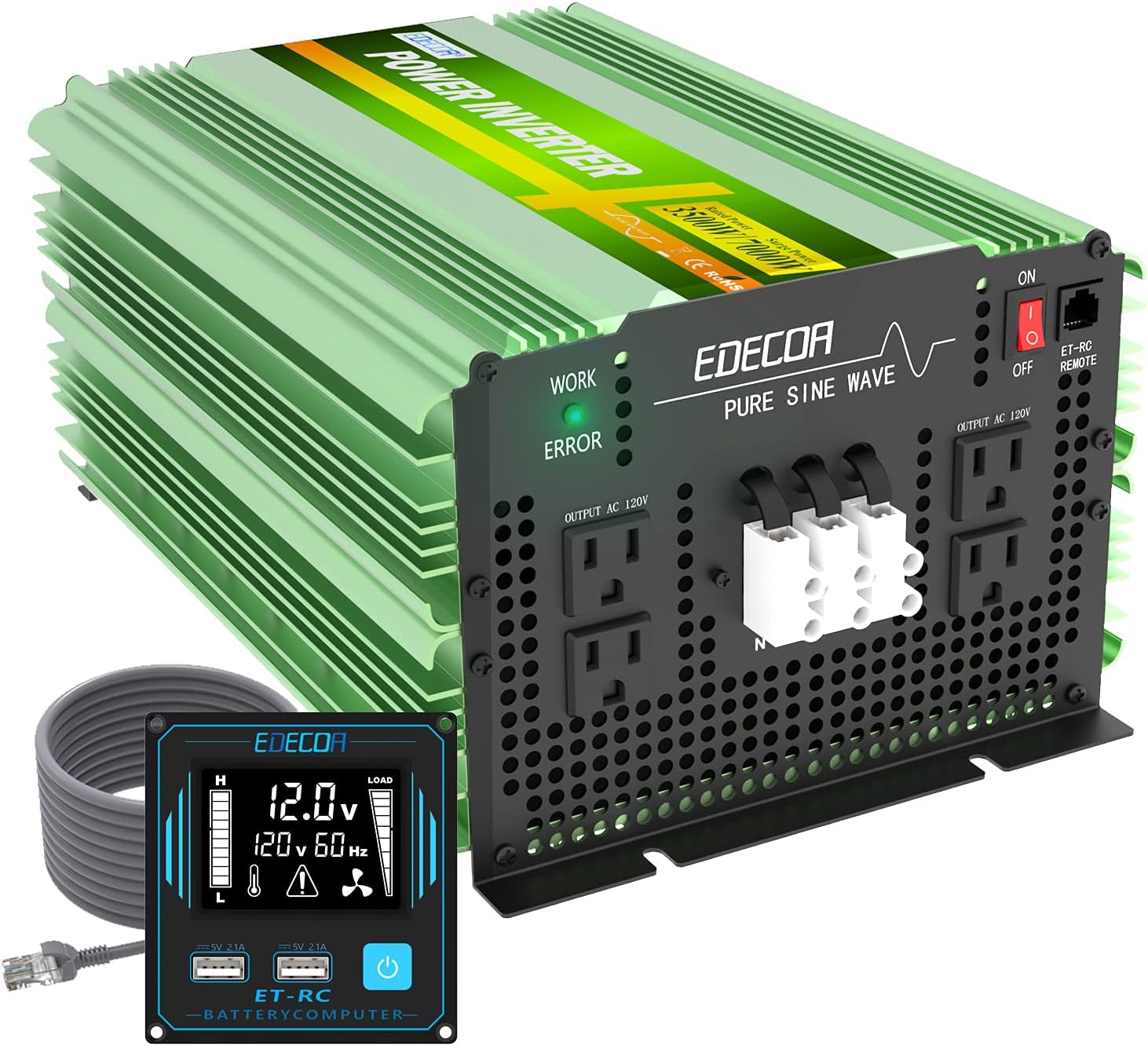 EDECOA 3500 Watt Pure Sine Wave Power Inverter DC 12V to 120V 110V AC with LCD AC Terminal Block (3500W/12V V3.1 ( ET-RC Remote))