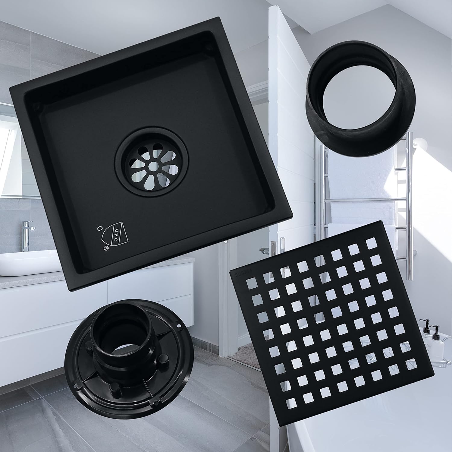 Celtic Moon 6-inch Square Shower Drain, Stainless Steel Kitchen Garage Bathroom Floor Drain with Flange, Matte Black