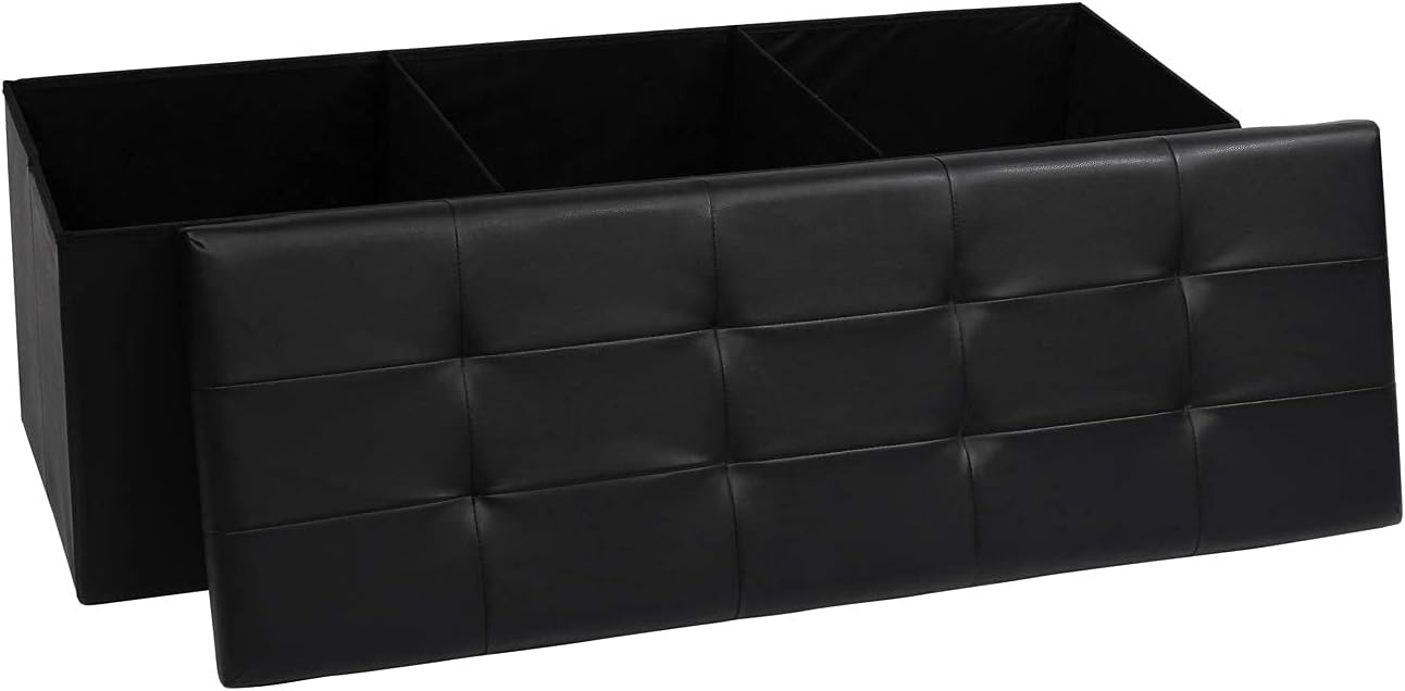 PINPLUS Folding Storage Ottoman Bench with Tray,Linen Long Storage Toy Chest Footrest Seat Grey (43.3