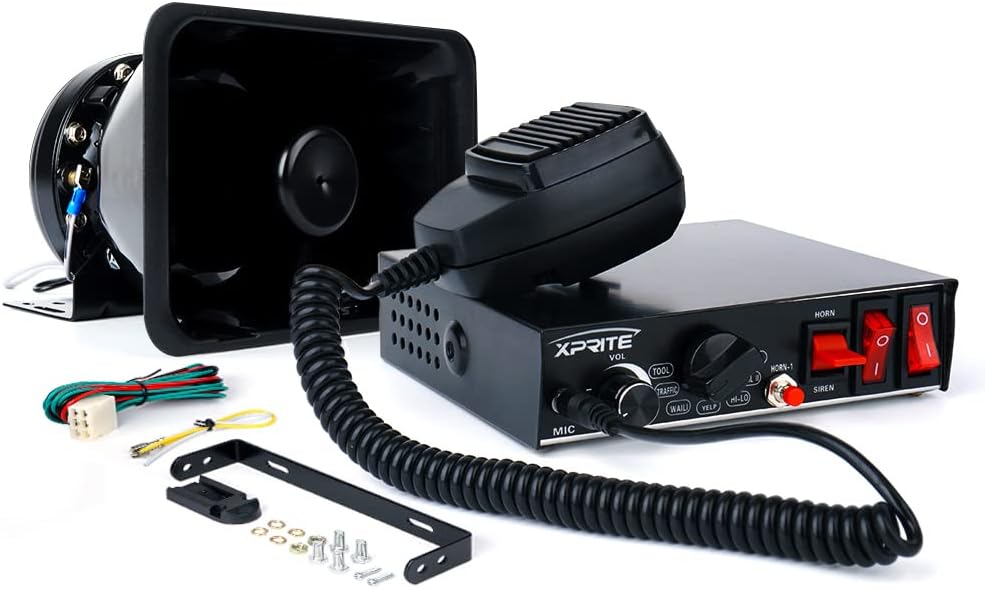 Xprite 200 Watt 8 Tones Emergency Warning Siren Speaker PA System Kit w/Handheld Microphone & Light Control Switches for Police Cars Pack of 2