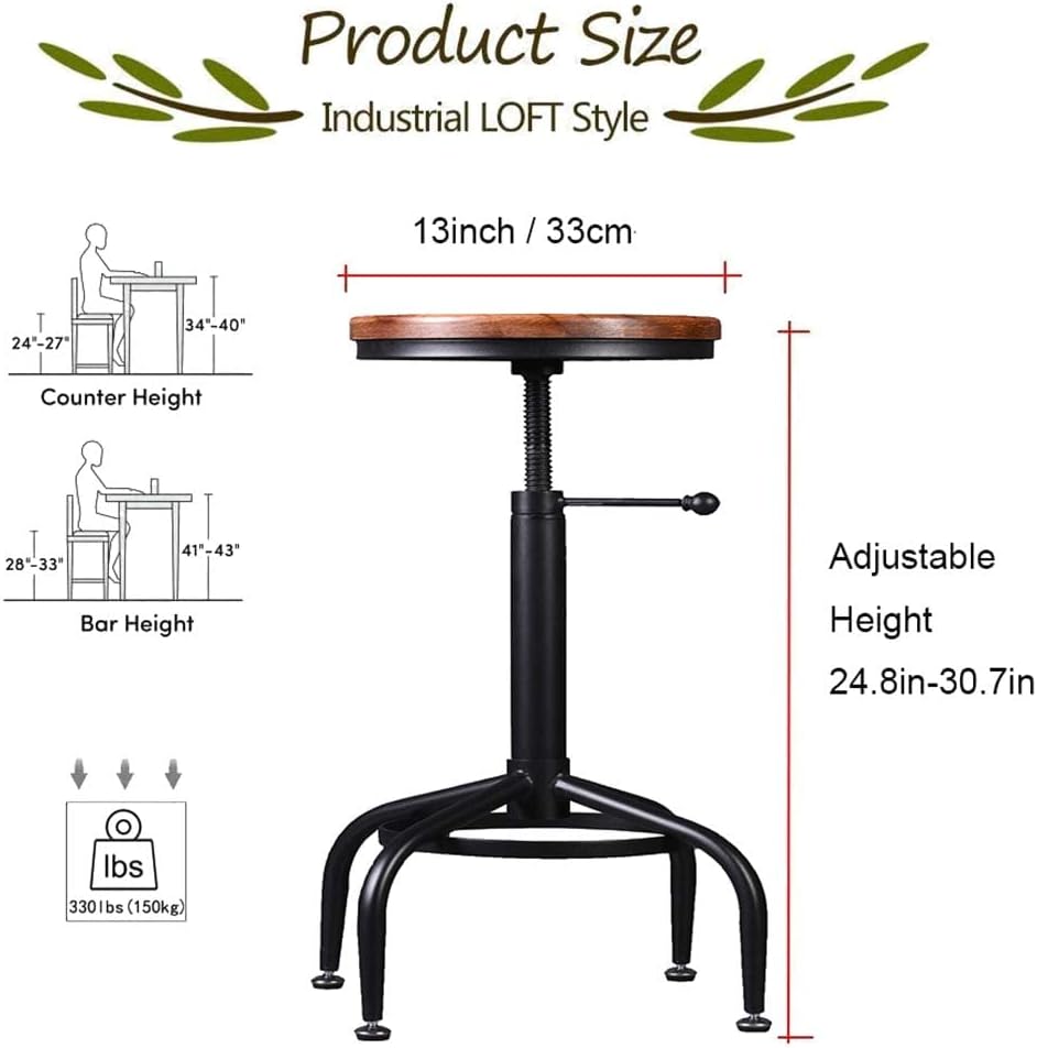 Lisuden Set of 2 Industrial Swivel Counter Barstool Adjustable Bar Height Stools Pub Kitchen Dining Chair Metal Iron Black 24inch - 31inch American Retro Country Style